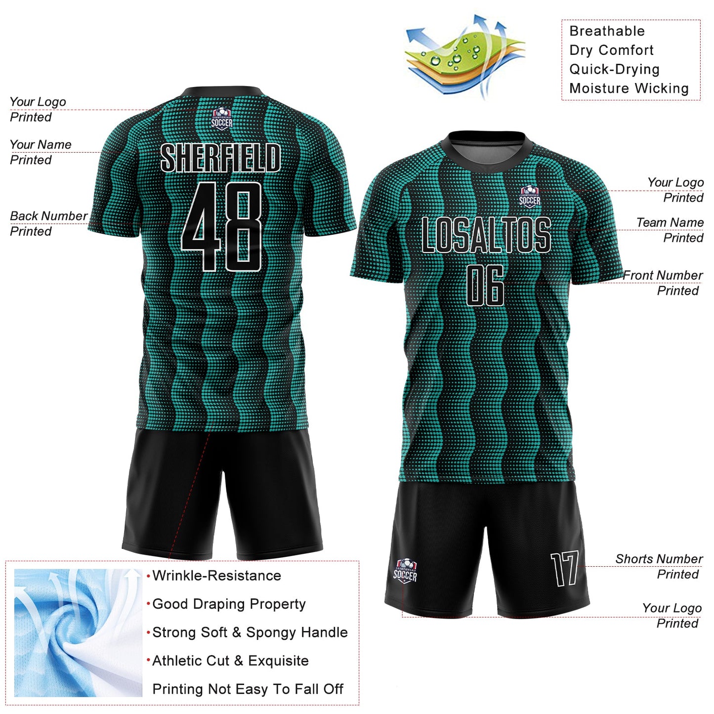 Custom Black Aqua-White Geometric Shape Sublimation Soccer Uniform Jersey Limited