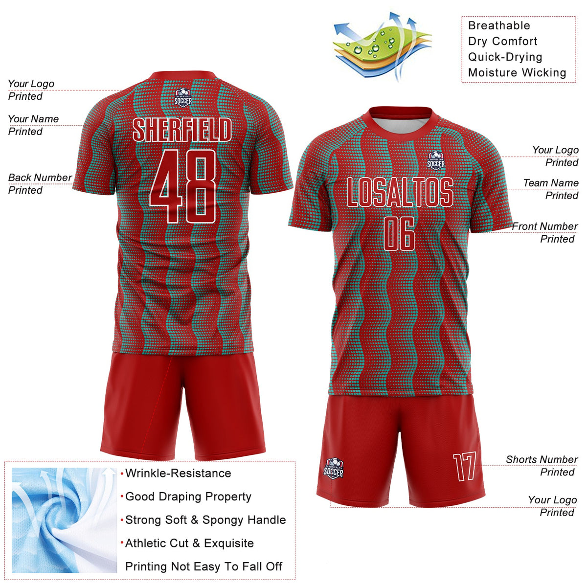 Custom Red Aqua-White Geometric Shape Sublimation Soccer Uniform Jersey Limited