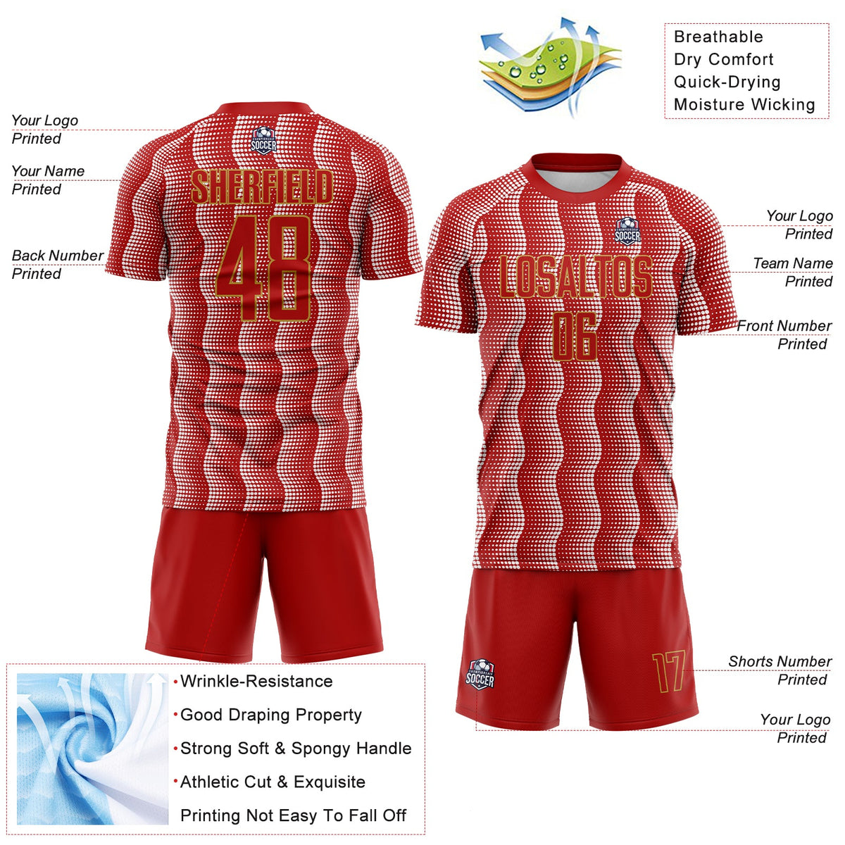 Custom Red Old Gold-White Geometric Shape Sublimation Soccer Uniform Jersey Limited