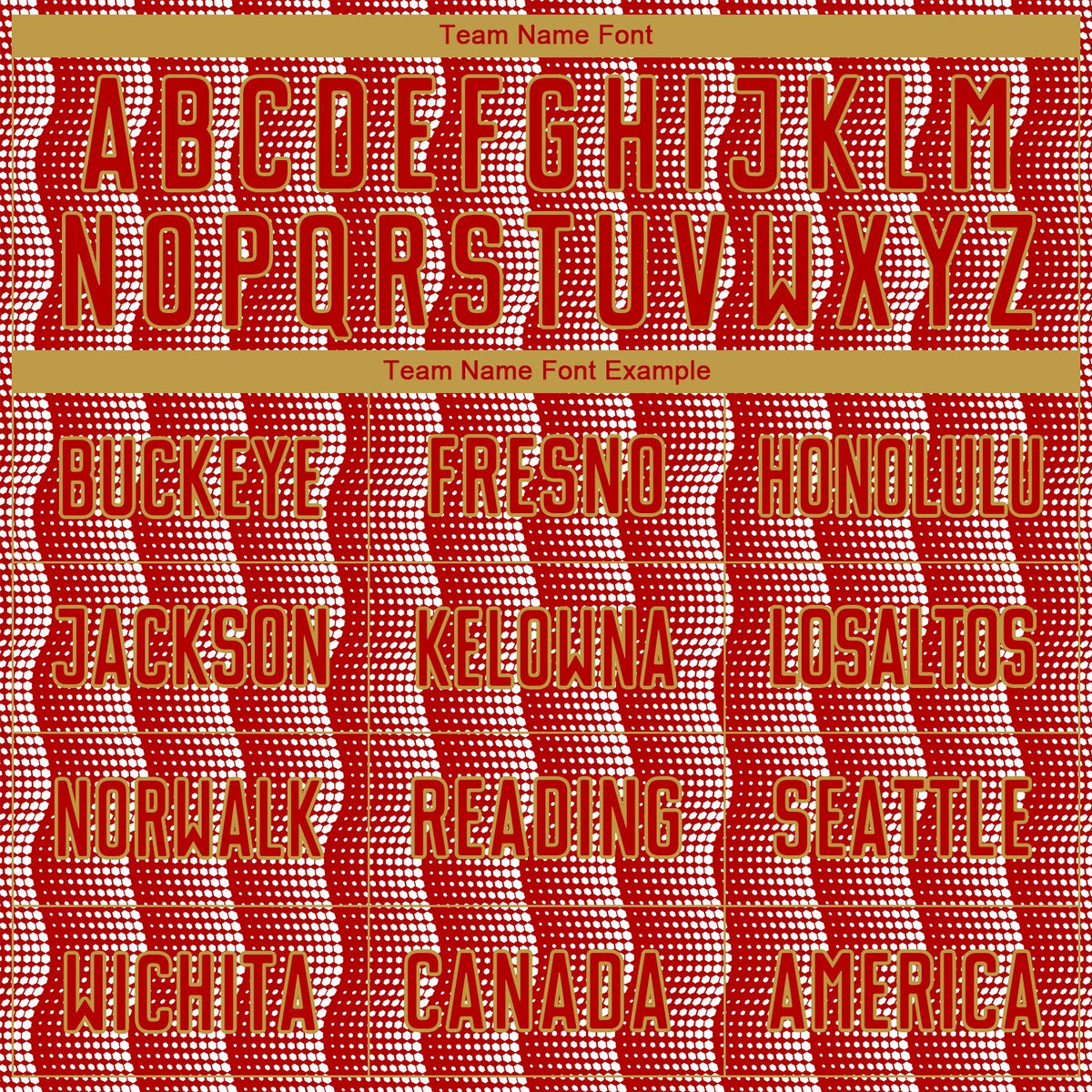 Custom Red Old Gold-White Geometric Shape Sublimation Soccer Uniform Jersey Limited