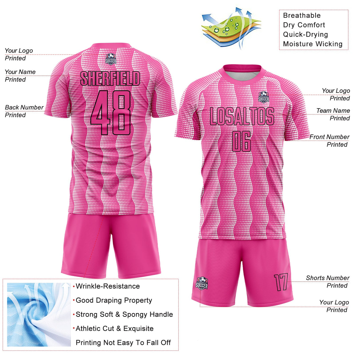 Custom Pink Black-White Geometric Shape Sublimation Soccer Uniform Jersey Limited
