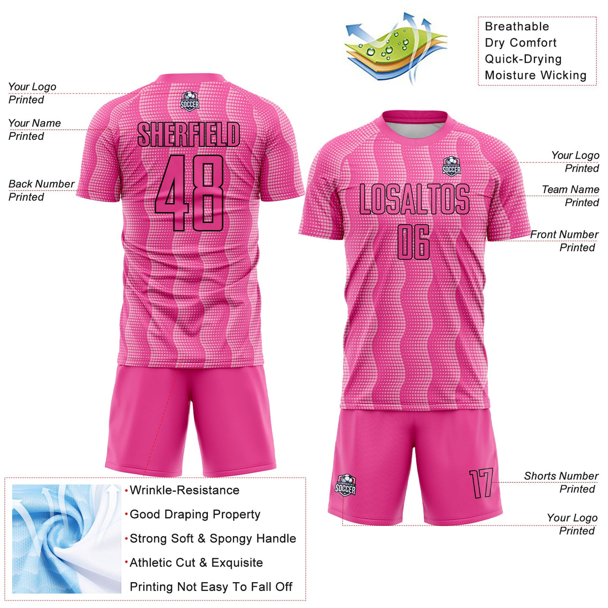 Custom Pink Light Pink-Black Geometric Shape Sublimation Soccer Uniform Jersey Limited