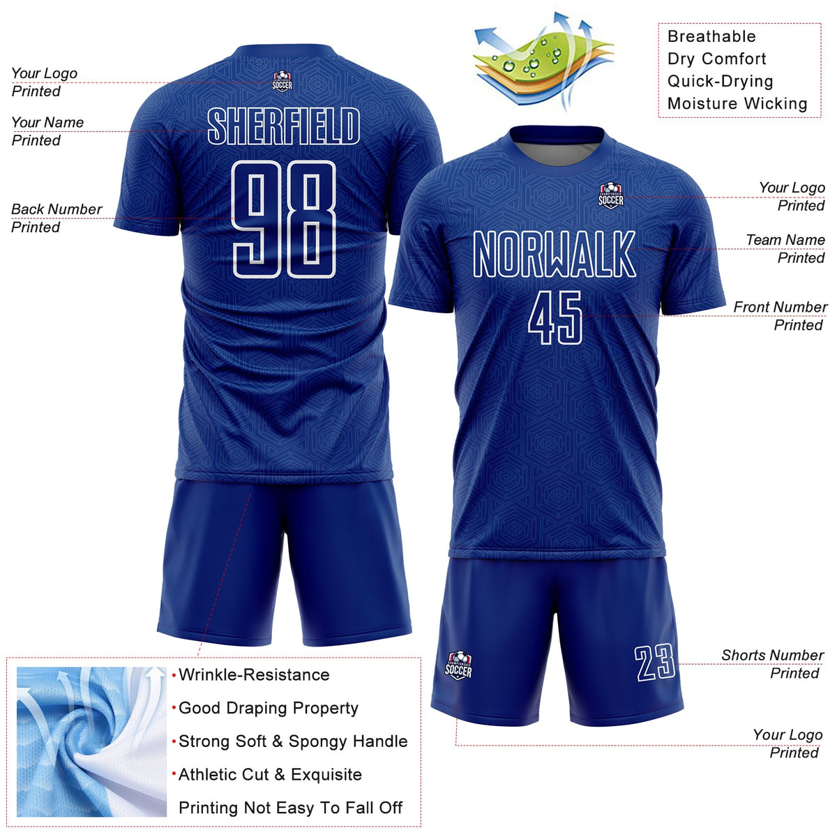 Custom Royal White Geometric Shape Sublimation Soccer Uniform Jersey Limited