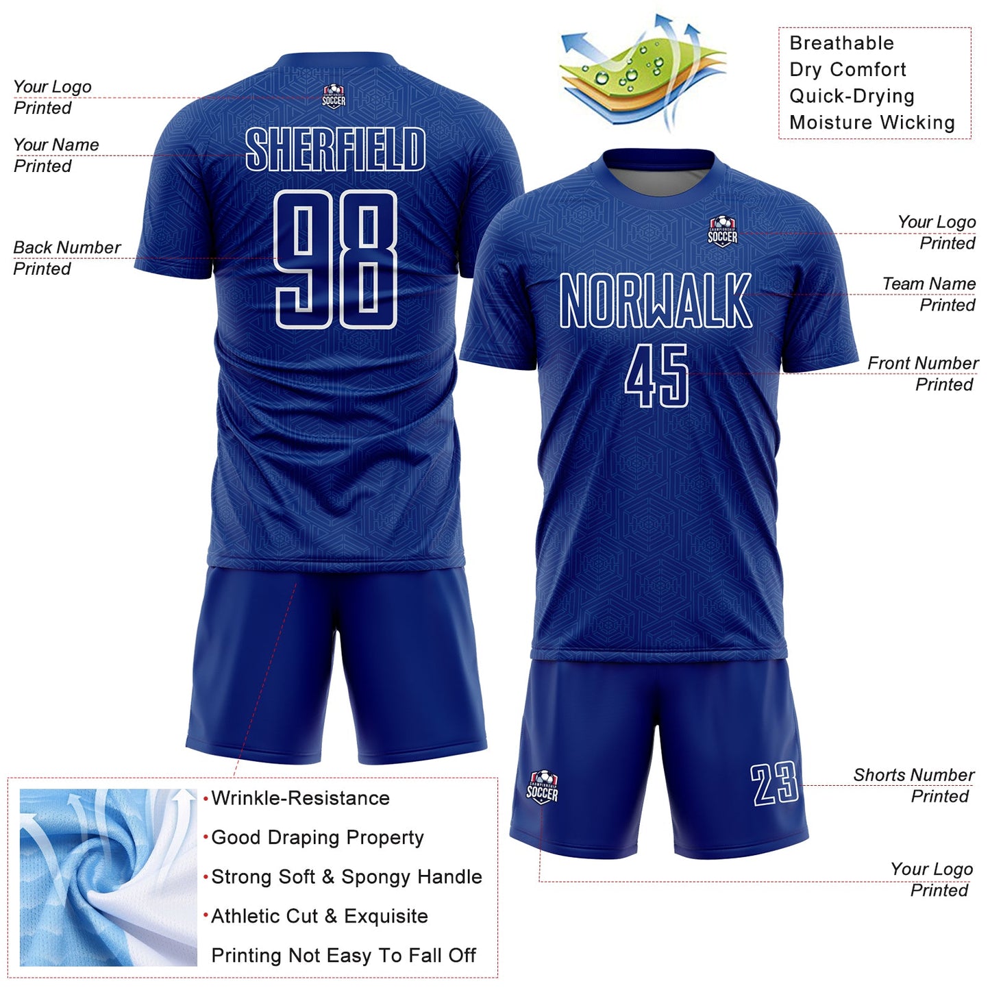 Custom Royal White Geometric Shape Sublimation Soccer Uniform Jersey Limited
