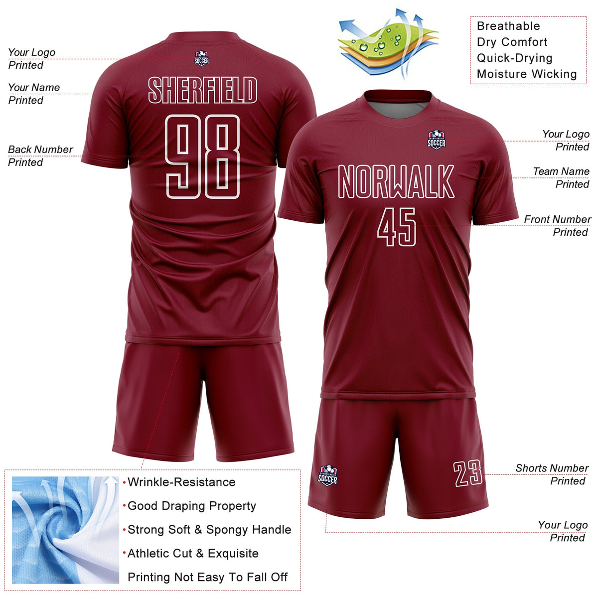 Custom Crimson White Geometric Shape Sublimation Soccer Uniform Jersey Limited