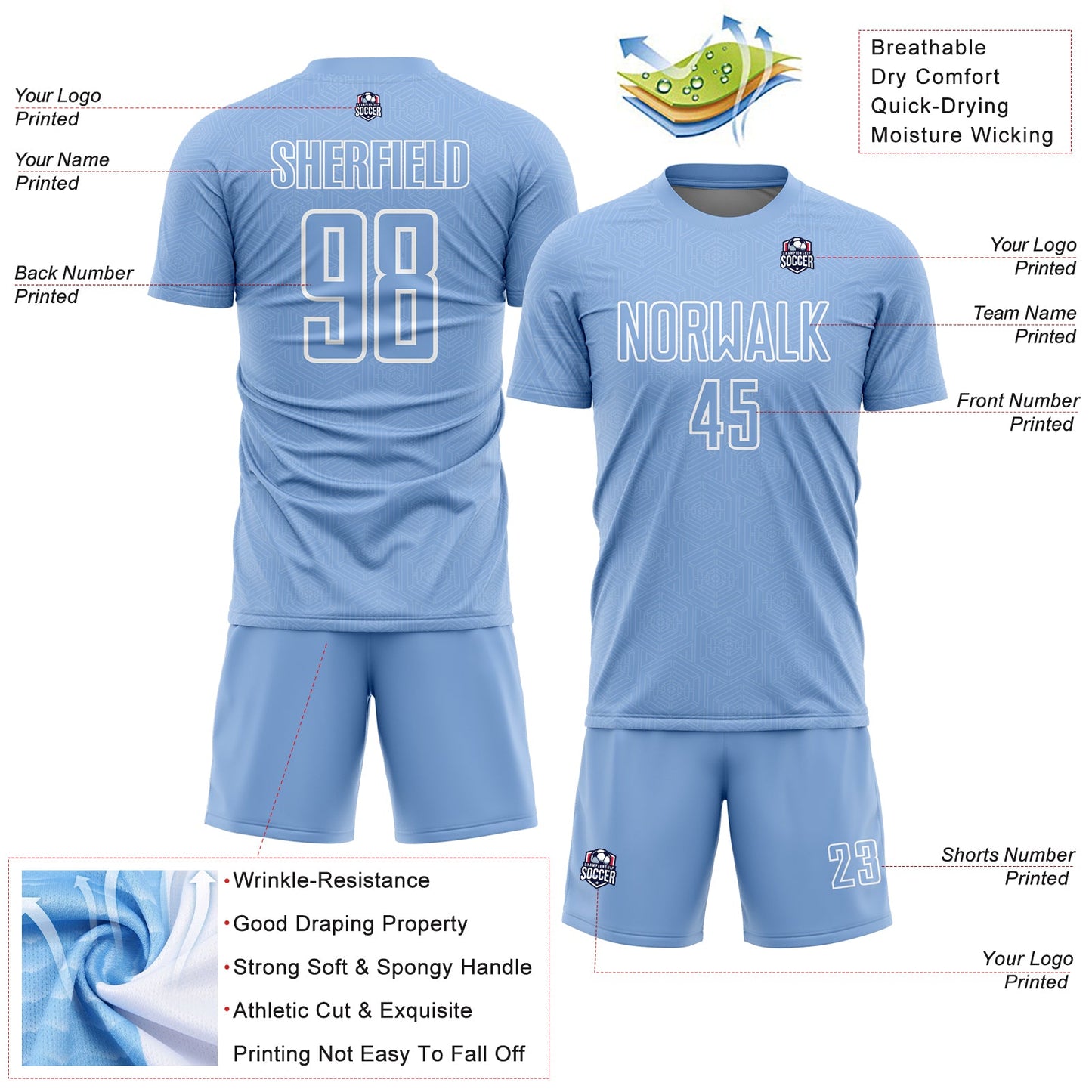 Custom Light Blue White Geometric Shape Sublimation Soccer Uniform Jersey Limited