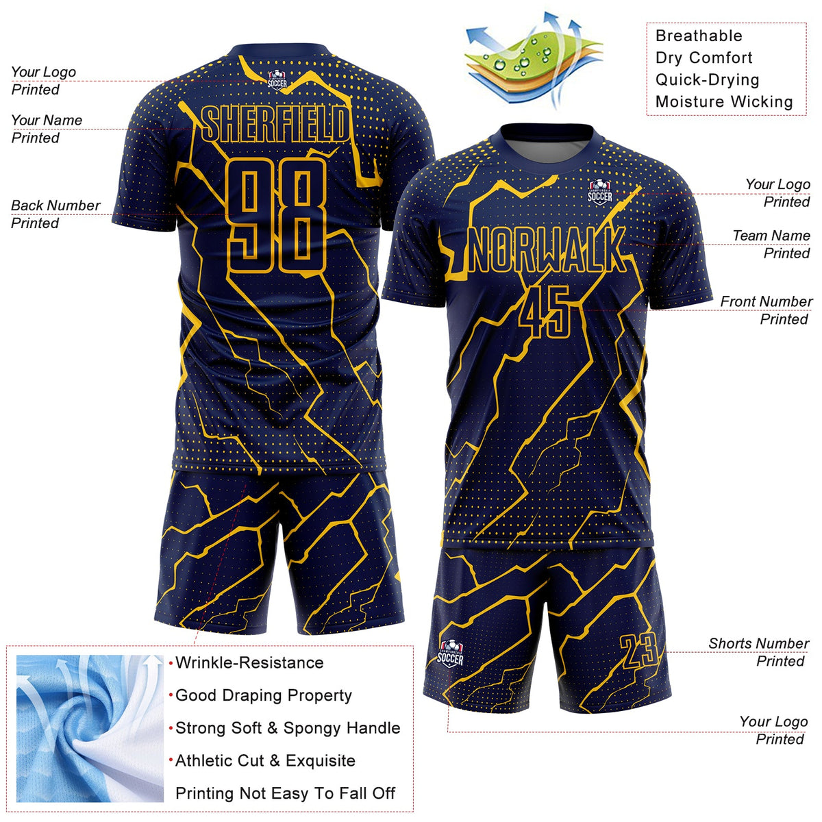 Custom Navy Yellow Lightning Sublimation Soccer Uniform Jersey Limited