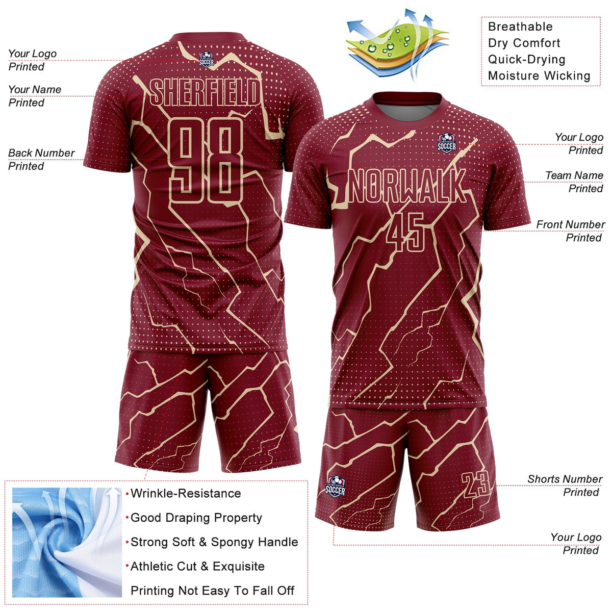 Custom Crimson City Cream Lightning Sublimation Soccer Uniform Jersey Limited