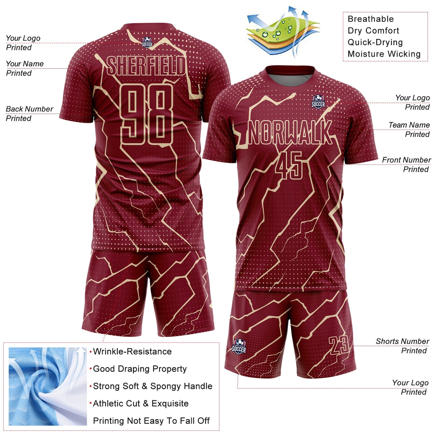 Custom Crimson City Cream Lightning Sublimation Soccer Uniform Jersey Limited