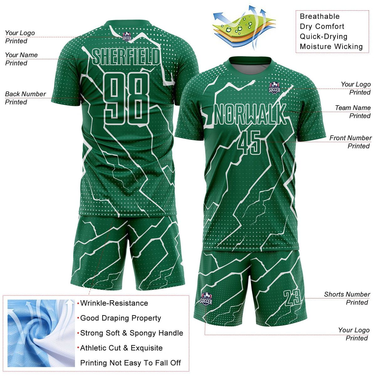 Custom Kelly Green White Lightning Sublimation Soccer Uniform Jersey Limited