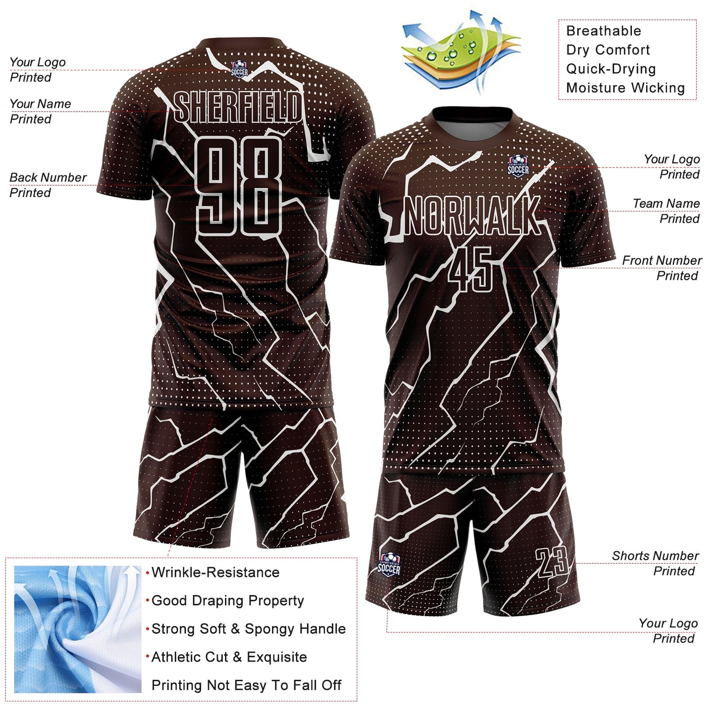Custom Brown White Lightning Sublimation Soccer Uniform Jersey Limited