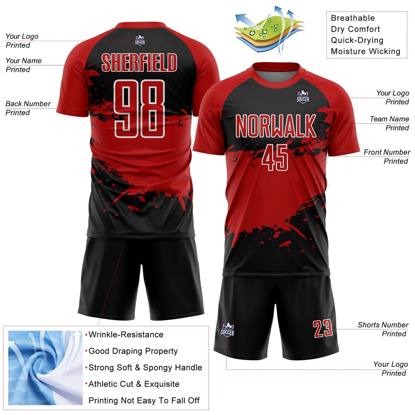 Custom Black Red-White Splash Sublimation Soccer Uniform Jersey Limited