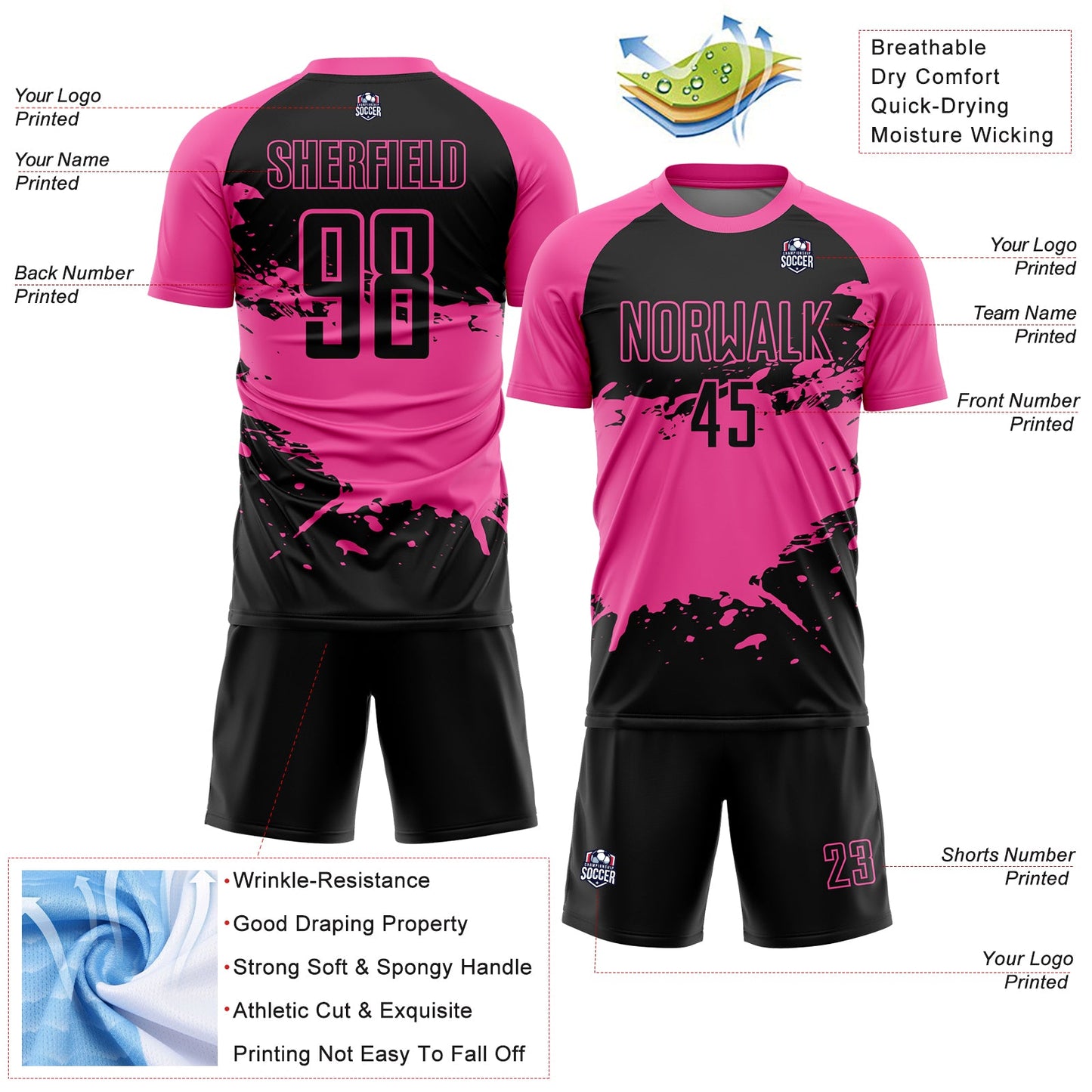 Custom Black Pink-White Splash Sublimation Soccer Uniform Jersey Limited