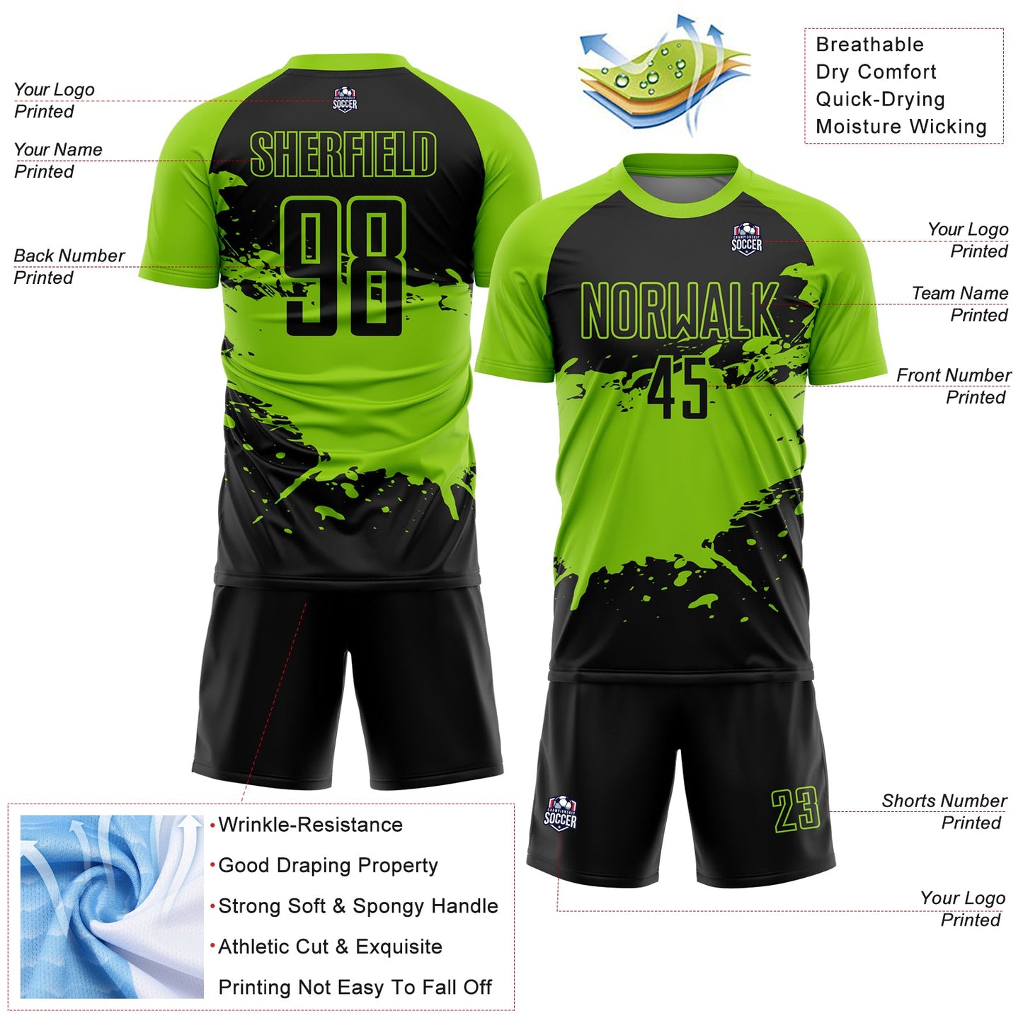 Custom Black Neon Green Splash Sublimation Soccer Uniform Jersey Limited