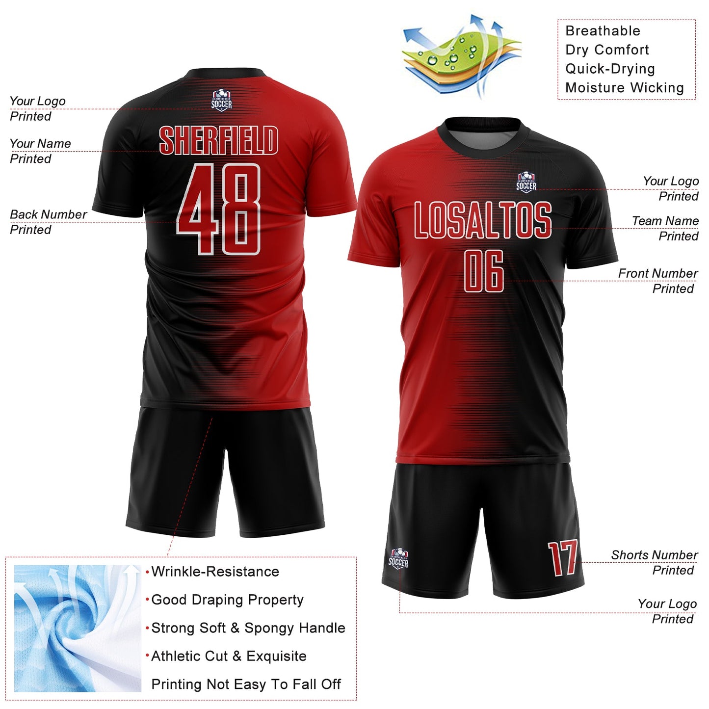 Custom Black Red-White Gradient Line Sublimation Soccer Uniform Jersey Limited