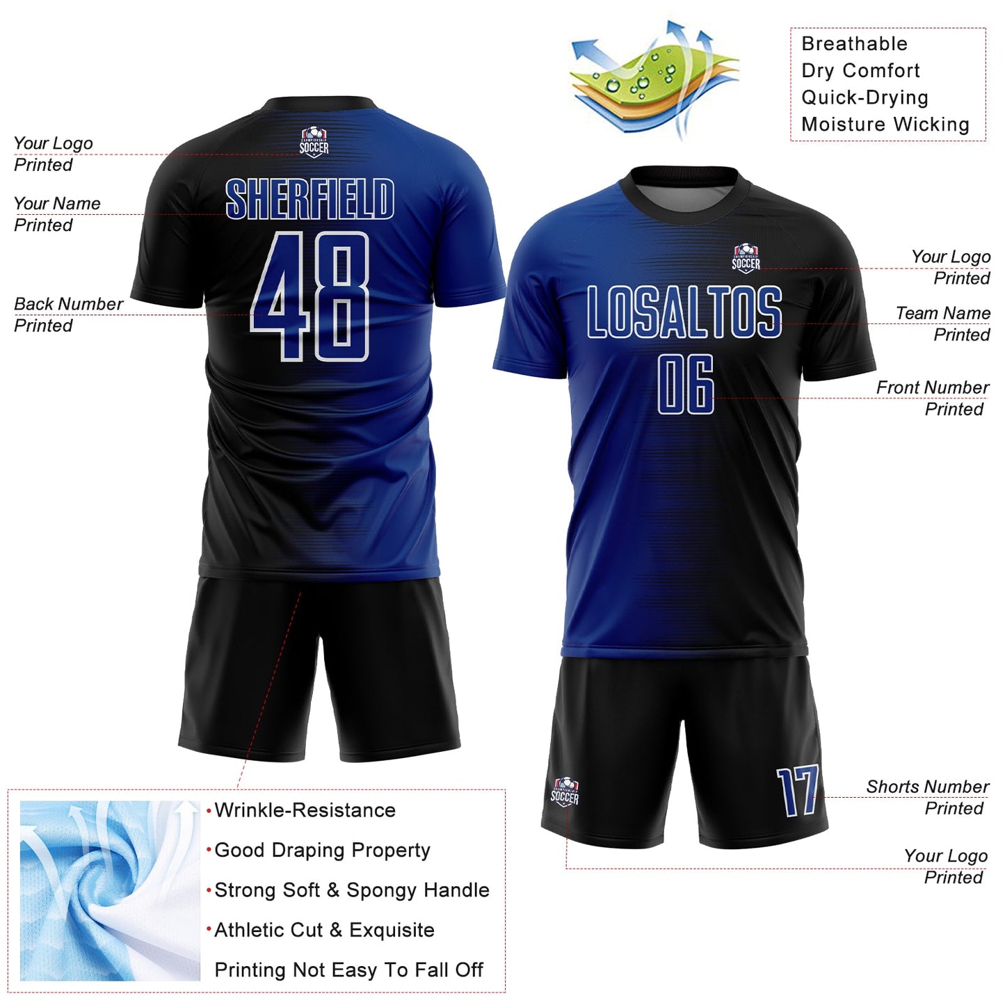 Custom Black Royal-White Gradient Line Sublimation Soccer Uniform Jersey Limited