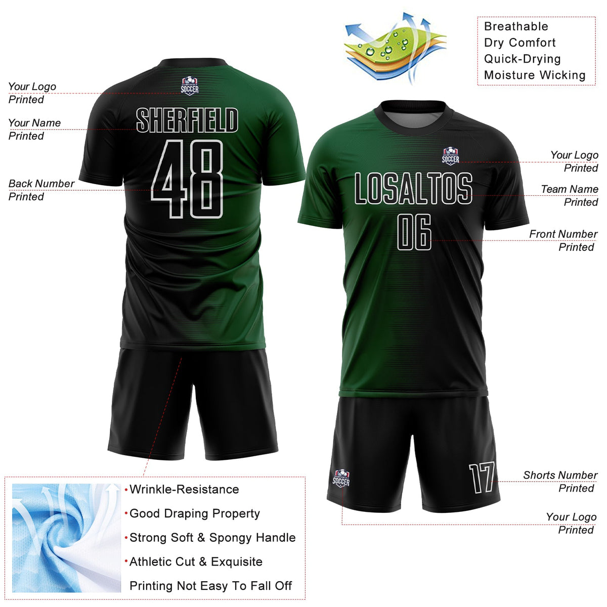 Custom Black Green-White Gradient Line Sublimation Soccer Uniform Jersey Limited