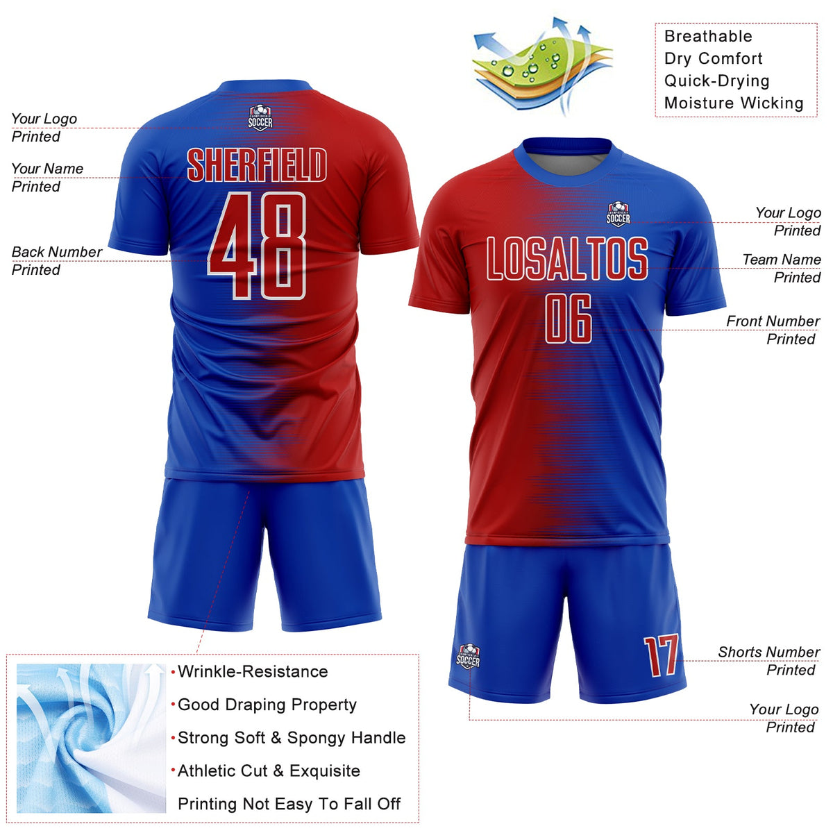 Custom Thunder Blue Red-White Gradient Line Sublimation Soccer Uniform Jersey Limited