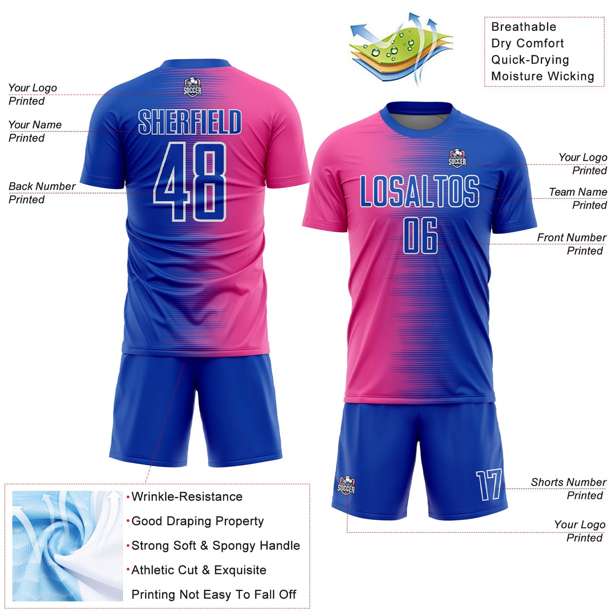 Custom Thunder Blue Pink-White Gradient Line Sublimation Soccer Uniform Jersey Limited