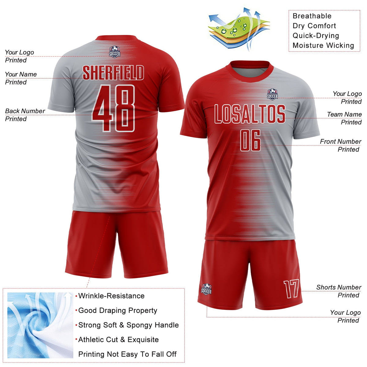 Custom Red Gray-White Gradient Line Sublimation Soccer Uniform Jersey Limited