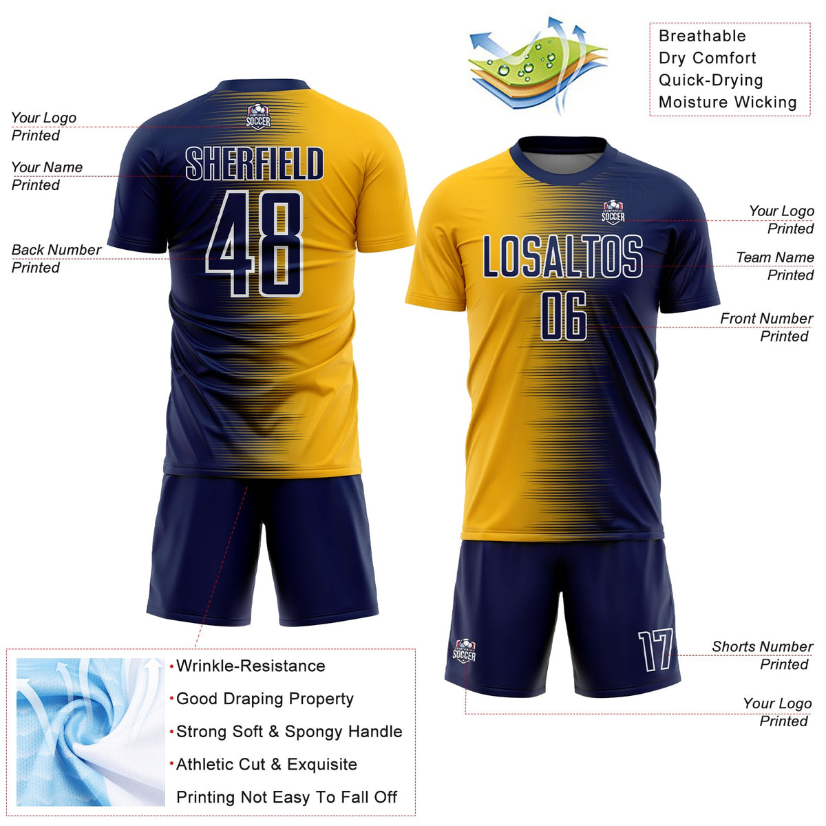 Custom Navy Gold-White Gradient Line Sublimation Soccer Uniform Jersey Limited