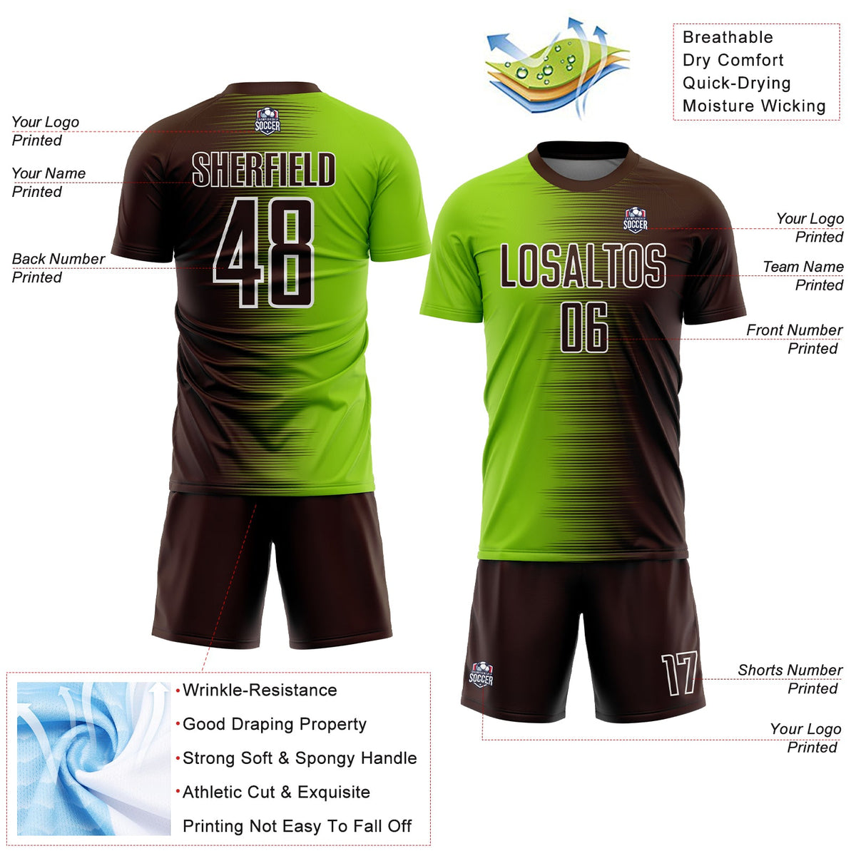 Custom Brown Neon Green-White Gradient Line Sublimation Soccer Uniform Jersey Limited