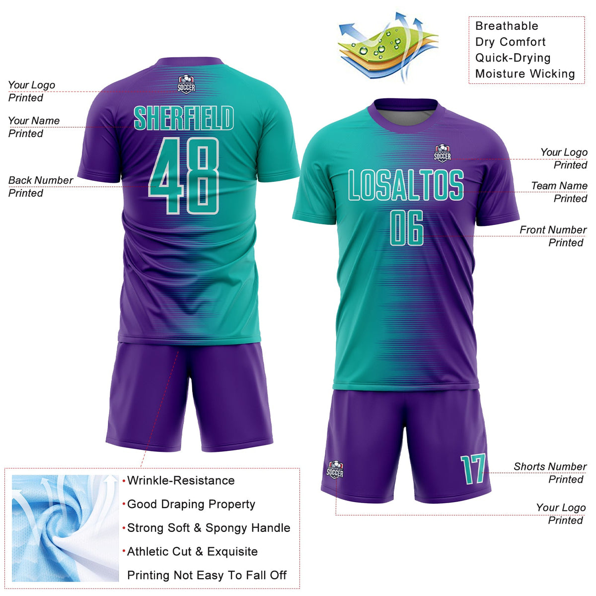 Custom Purple Aqua-White Gradient Line Sublimation Soccer Uniform Jersey Limited