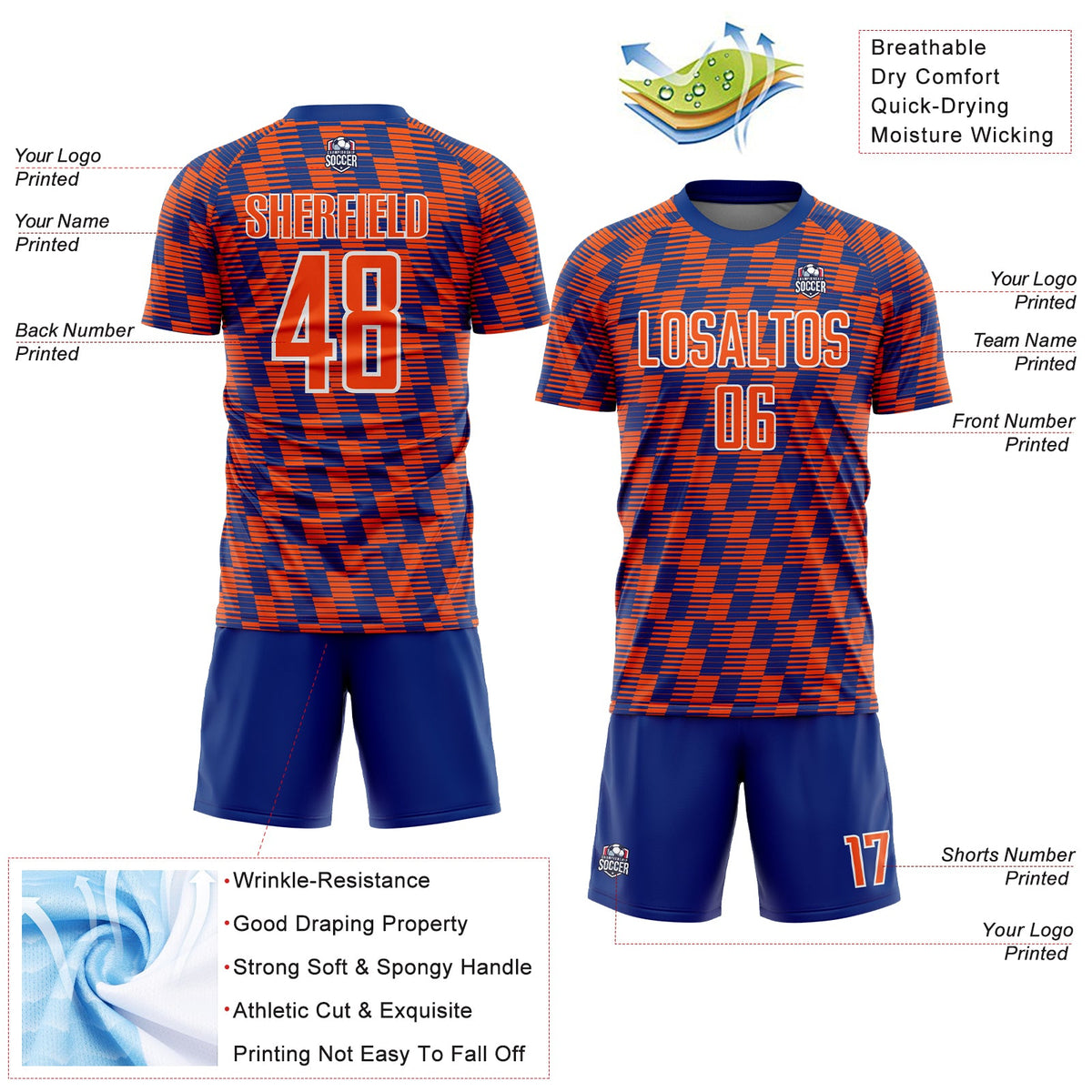 Custom Royal Orange-White Line Sublimation Soccer Uniform Jersey Limited
