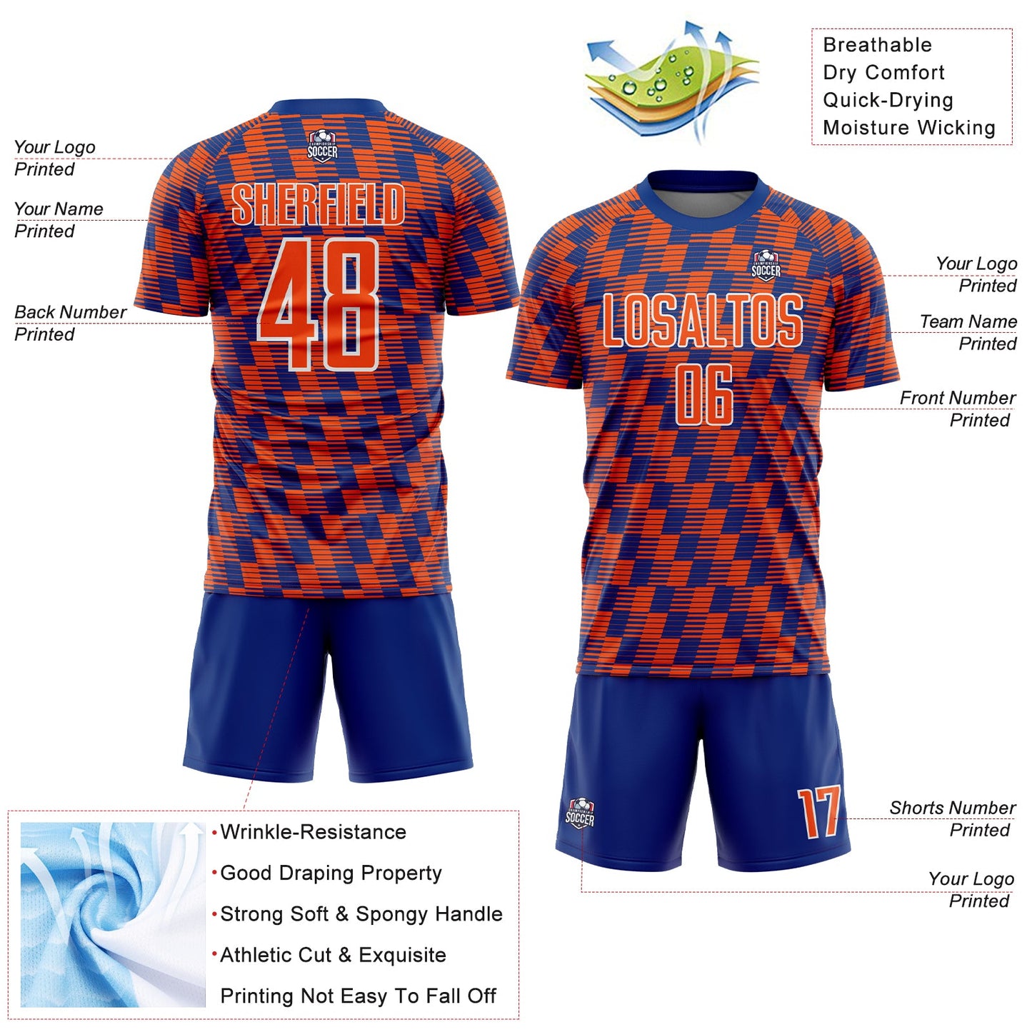 Custom Royal Orange-White Line Sublimation Soccer Uniform Jersey Limited