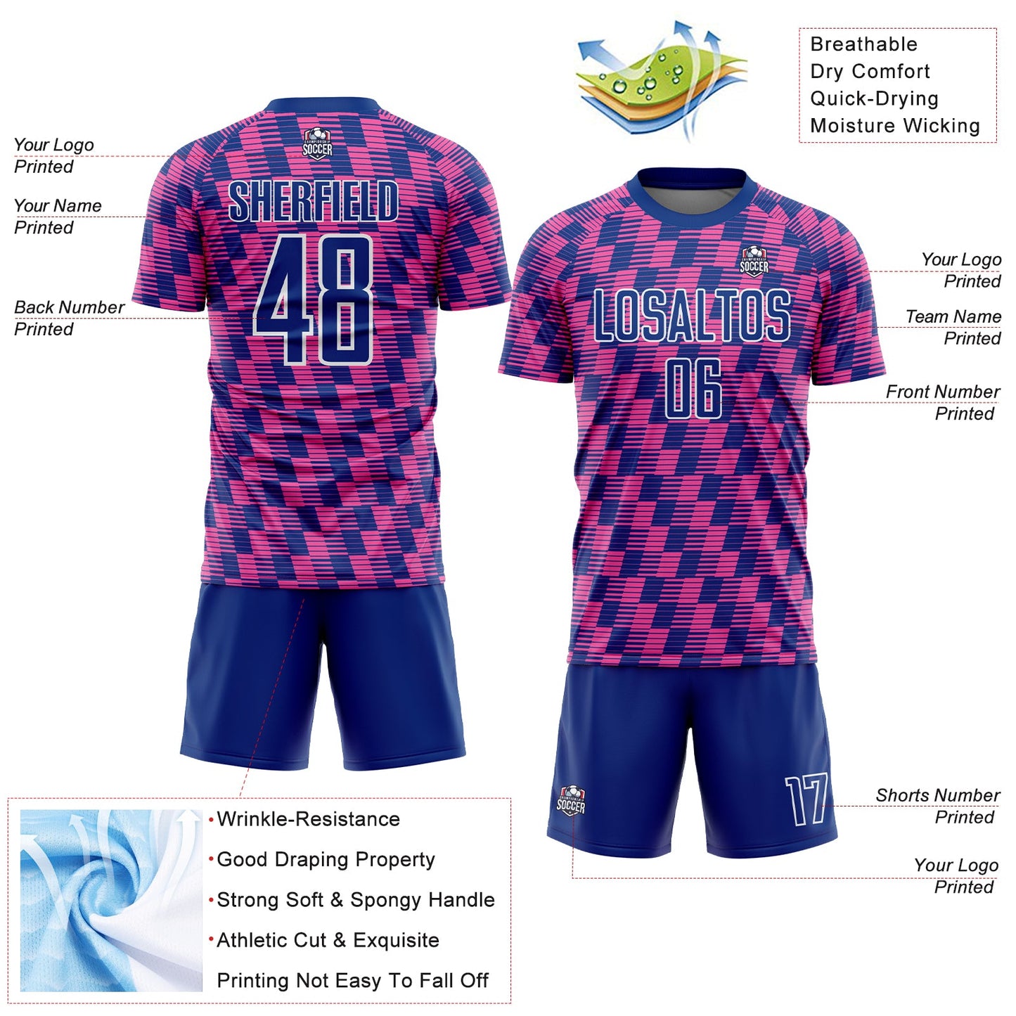 Custom Royal Pink-White Line Sublimation Soccer Uniform Jersey Limited