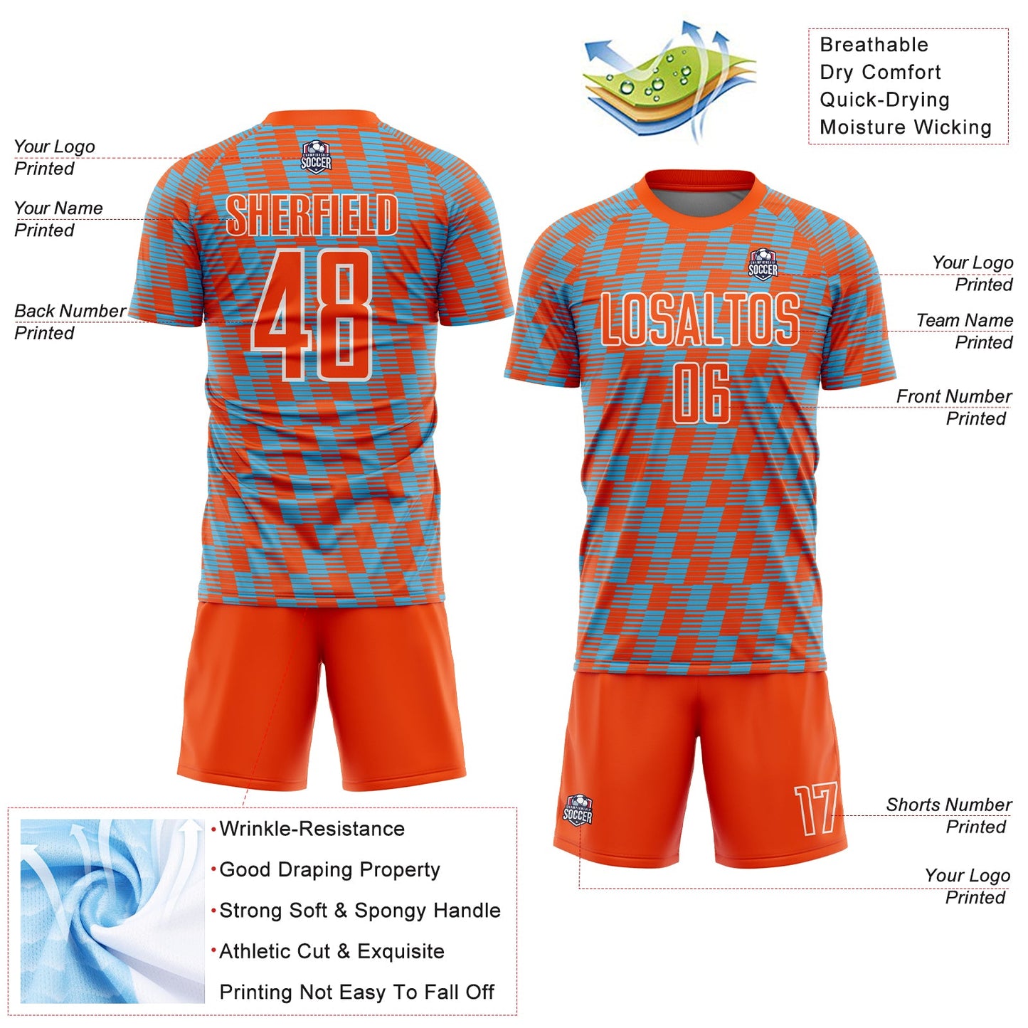 Custom Orange Sky Blue-White Line Sublimation Soccer Uniform Jersey Limited