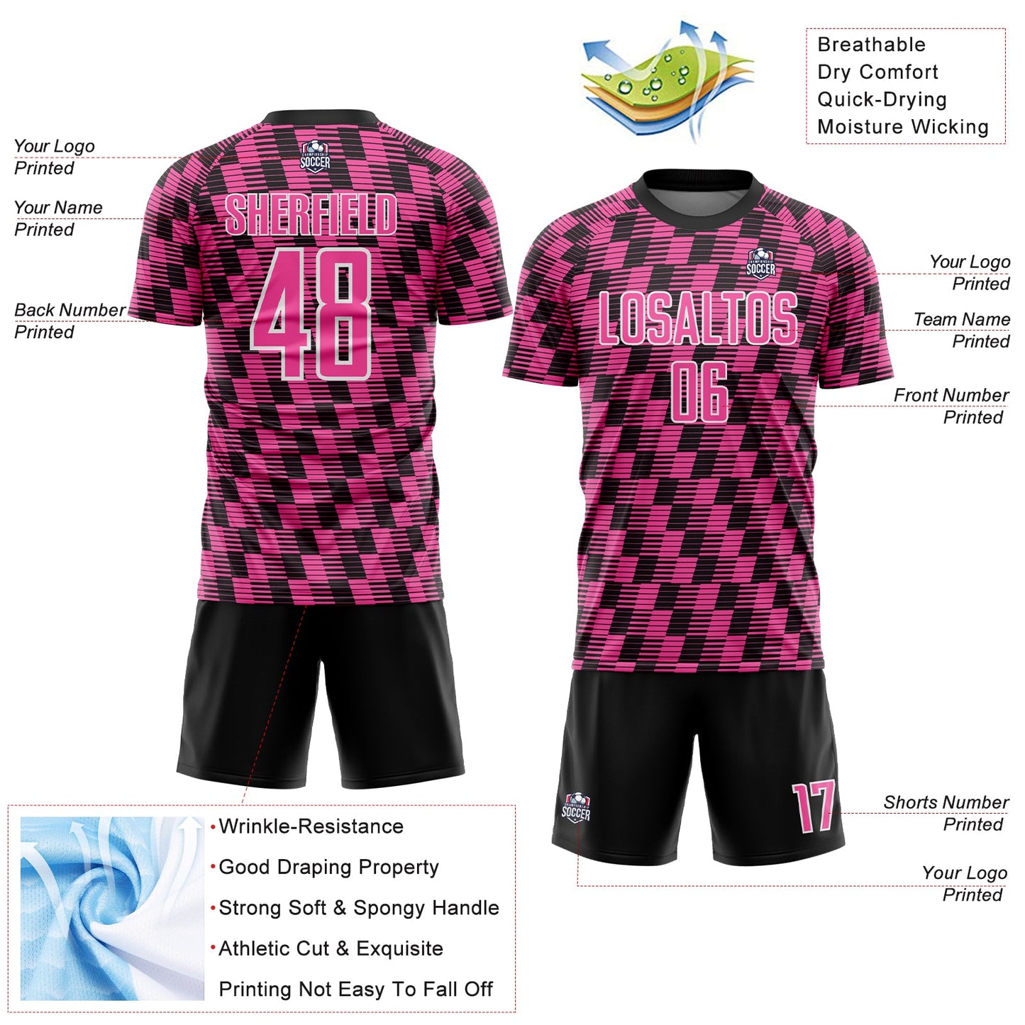 Custom Black Pink-White Line Sublimation Soccer Uniform Jersey Limited