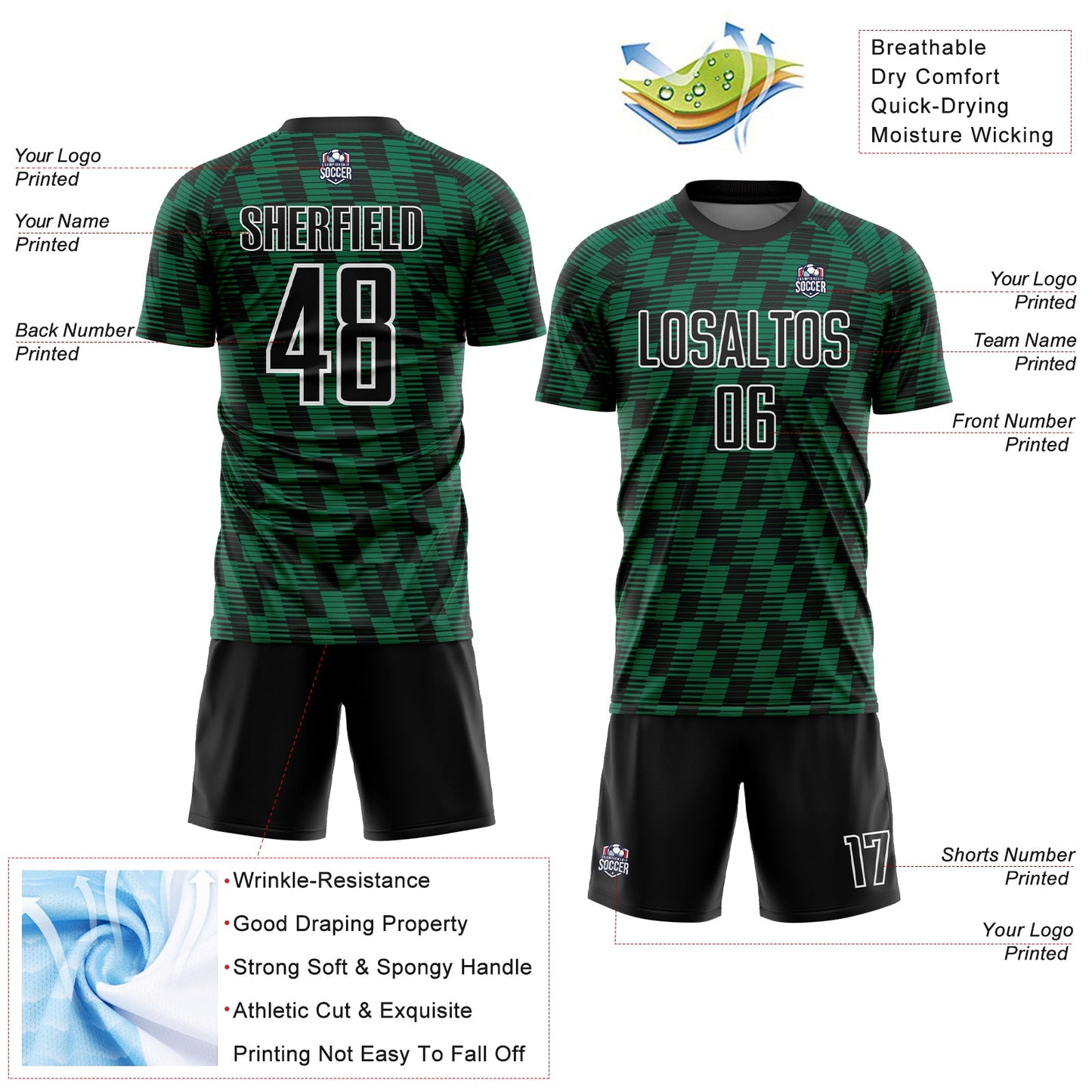 Custom Black Kelly Green-White Line Sublimation Soccer Uniform Jersey Limited