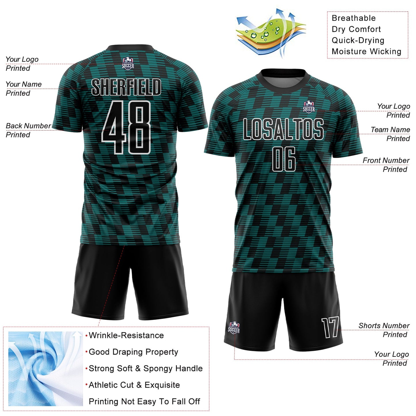 Custom Black Teal-White Line Sublimation Soccer Uniform Jersey Limited