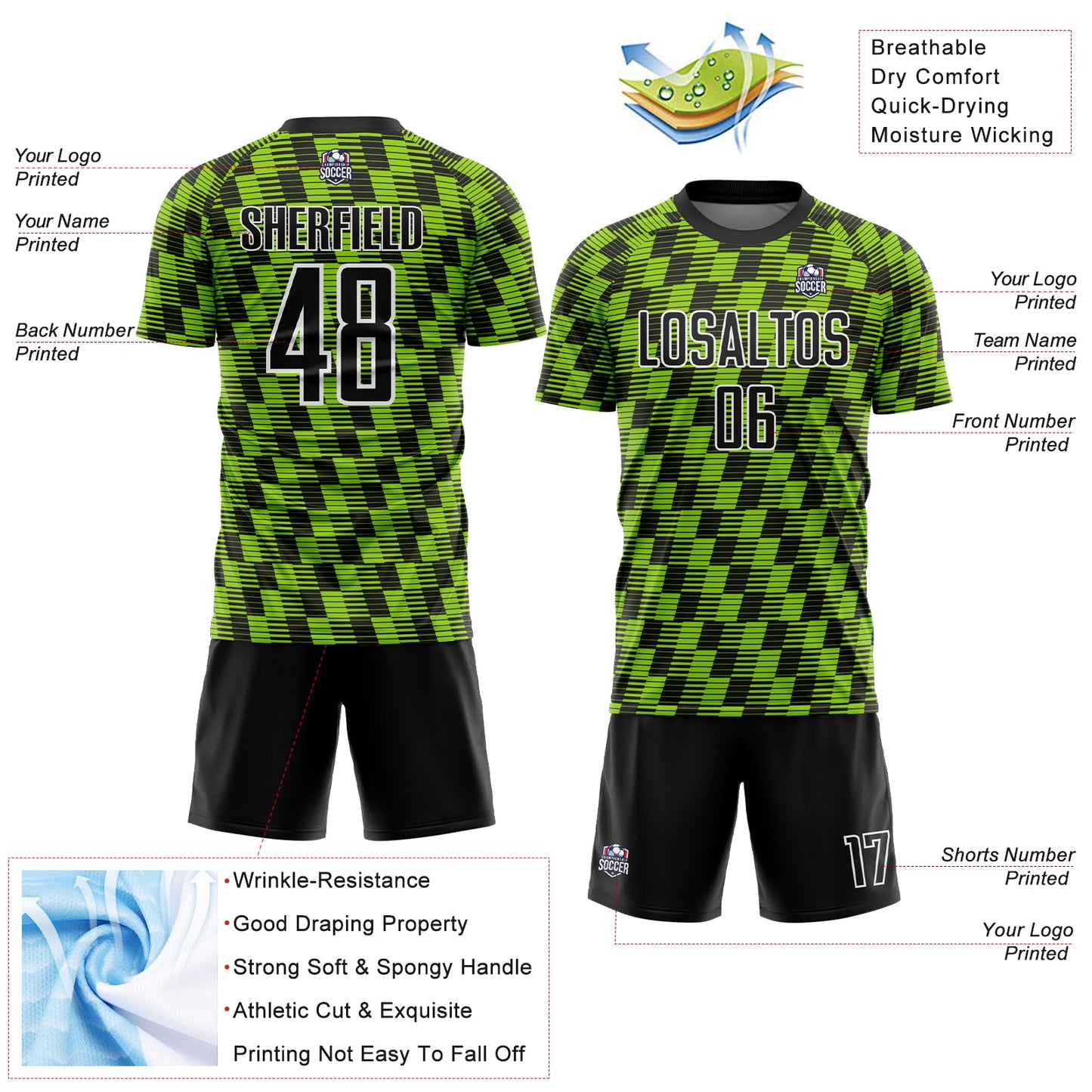 Custom Black Neon Green-White Line Sublimation Soccer Uniform Jersey Limited
