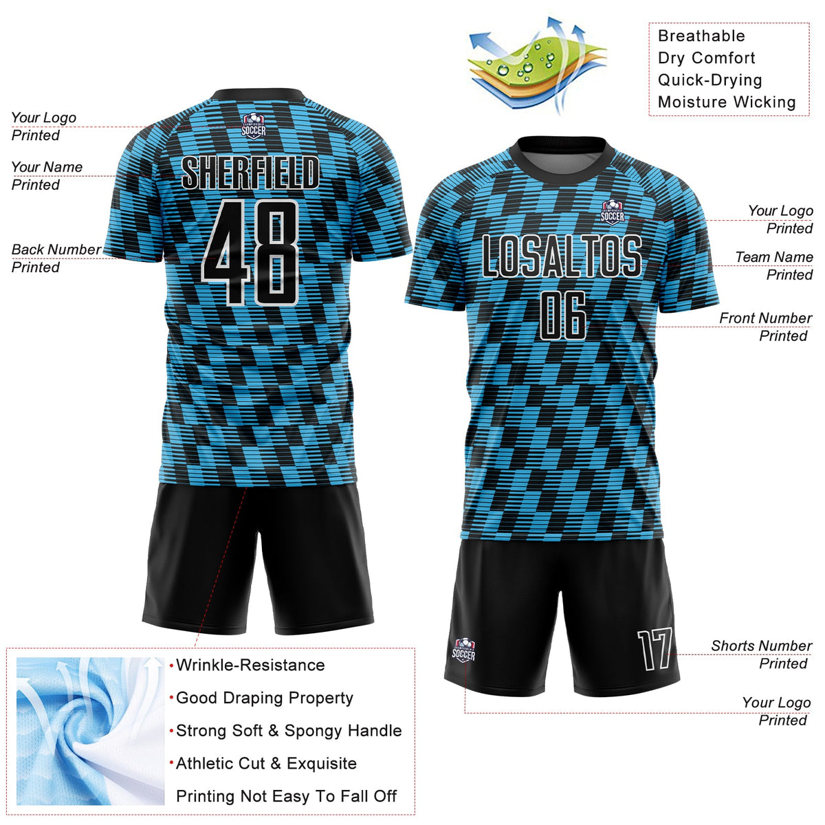 Custom Black Sky Blue-White Line Sublimation Soccer Uniform Jersey Limited