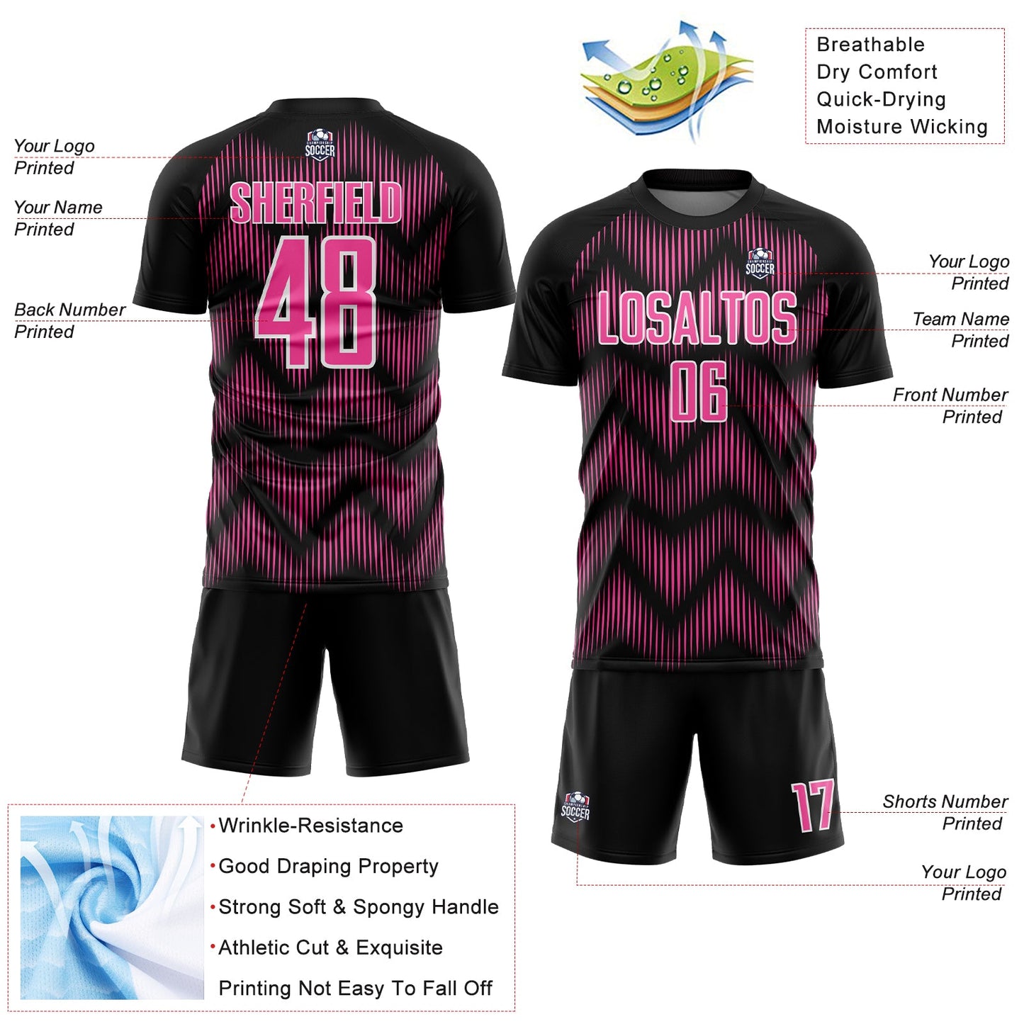 Custom Black Pink-White Line Sublimation Soccer Uniform Jersey Limited