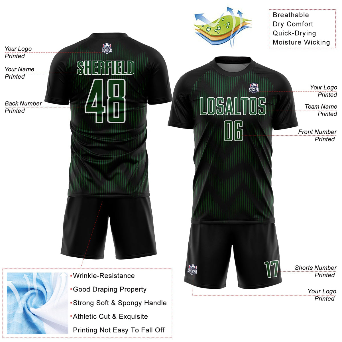 Custom Black Green-White Line Sublimation Soccer Uniform Jersey Limited