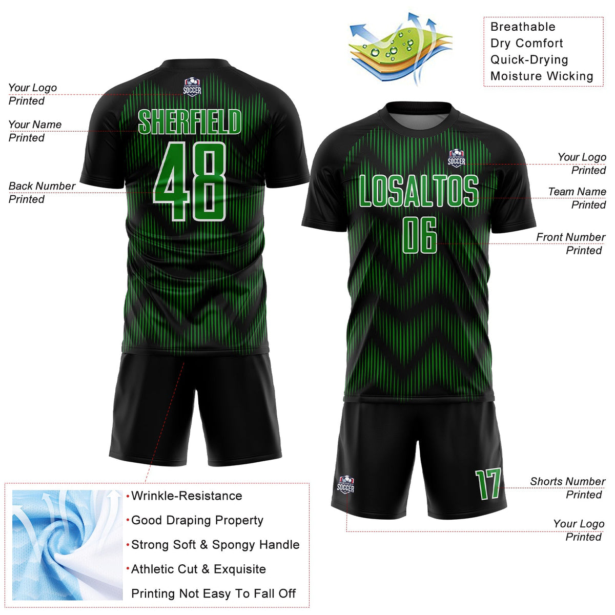 Custom Black Grass Green-White Line Sublimation Soccer Uniform Jersey Limited