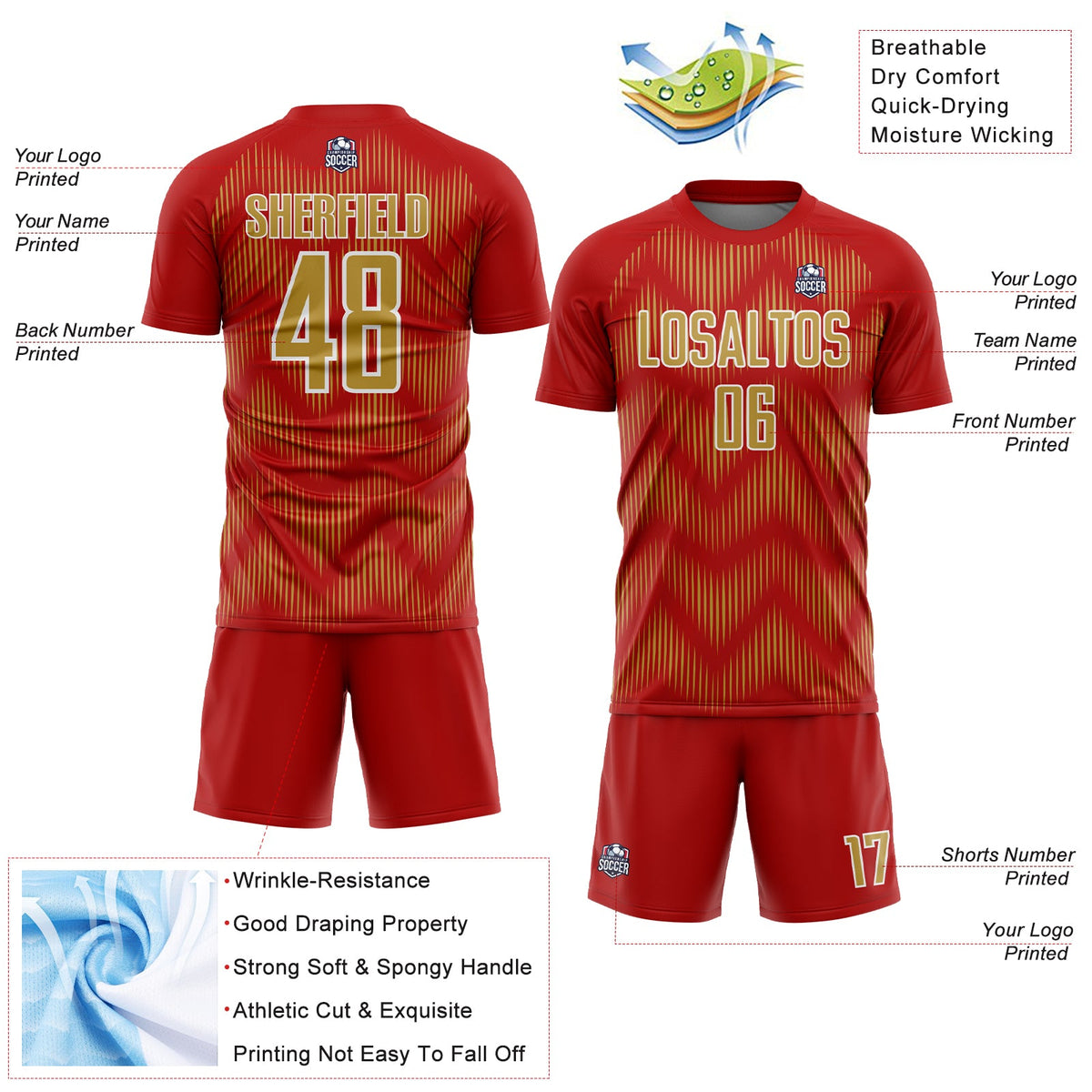 Custom Red Old Gold-White Line Sublimation Soccer Uniform Jersey Limited