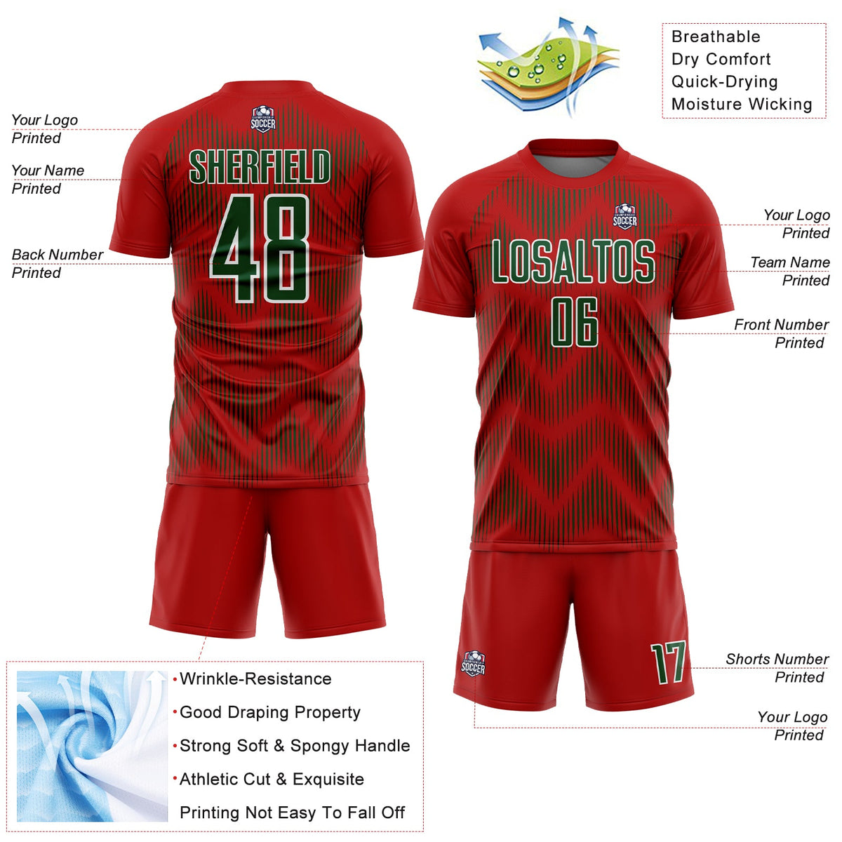 Custom Red Green-White Line Sublimation Soccer Uniform Jersey Limited