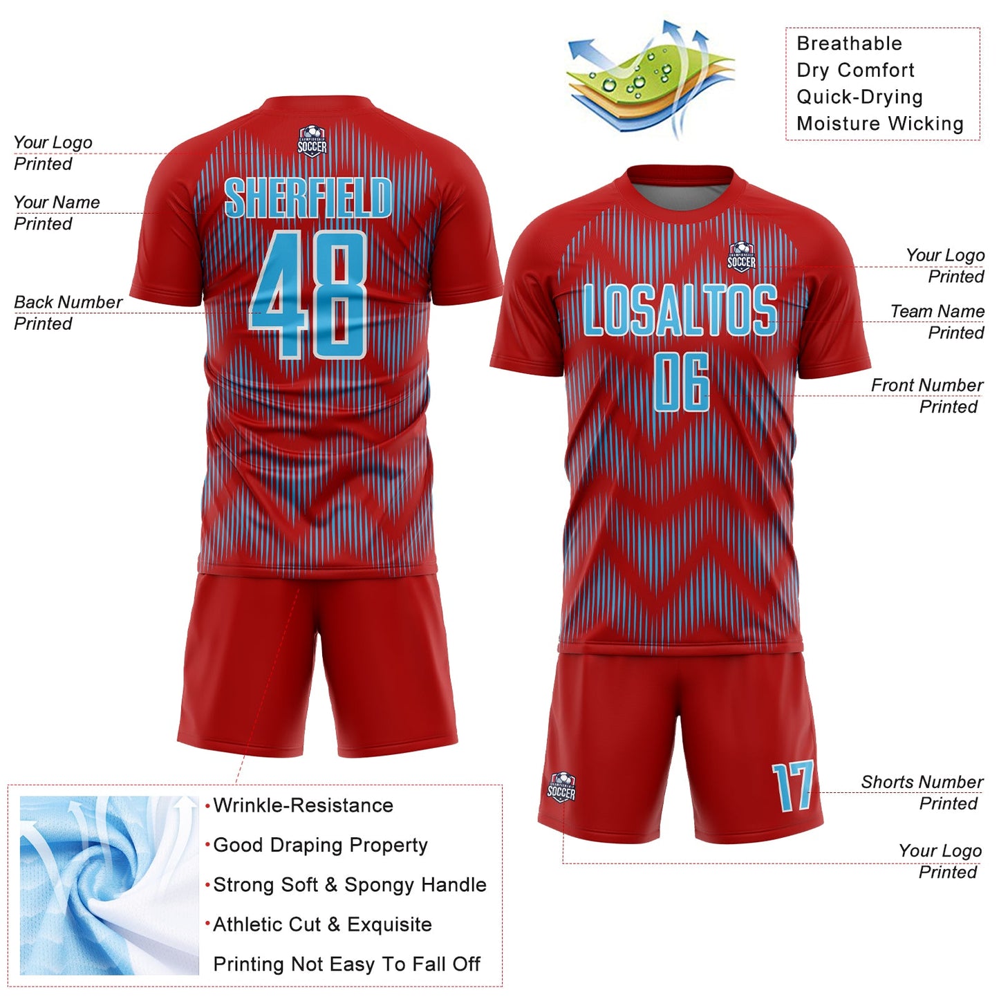 Custom Red Sky Blue-White Line Sublimation Soccer Uniform Jersey Limited