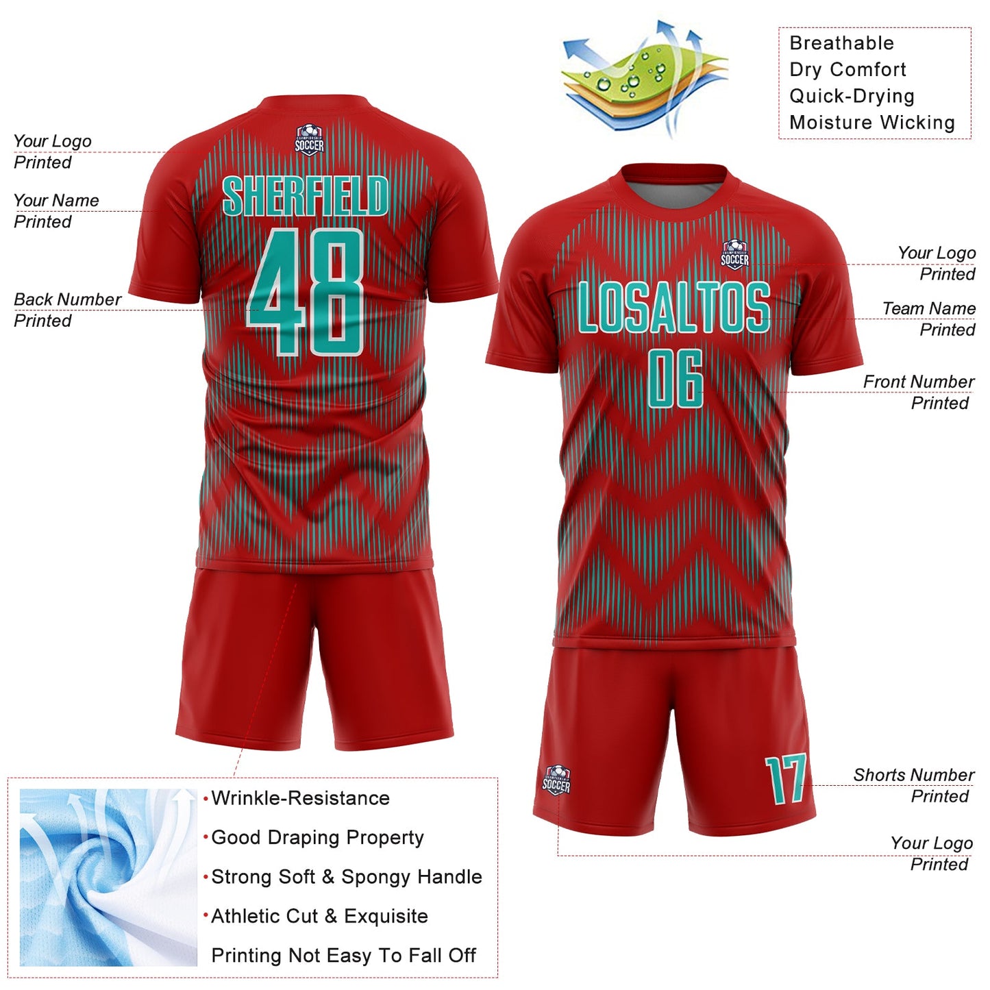 Custom Red Aqua-White Line Sublimation Soccer Uniform Jersey Limited
