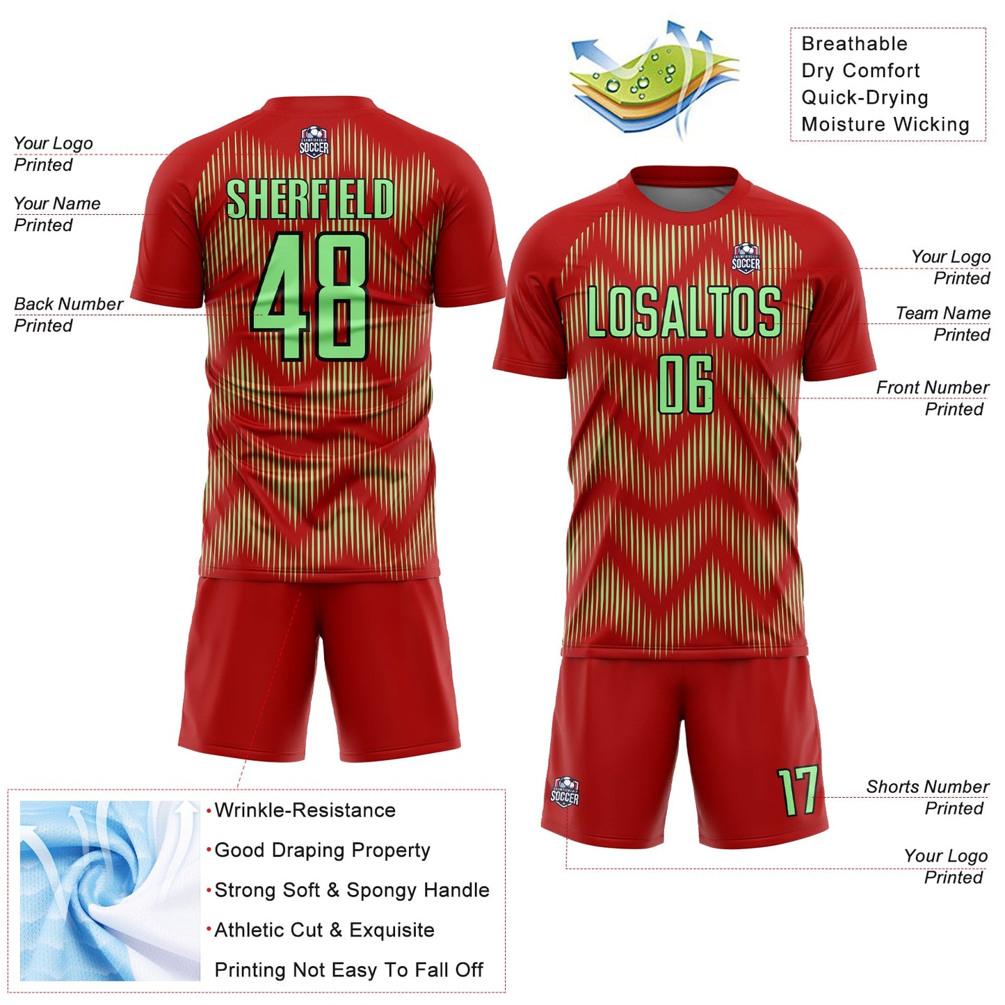 Custom Red Pea Green-Black Line Sublimation Soccer Uniform Jersey Limited