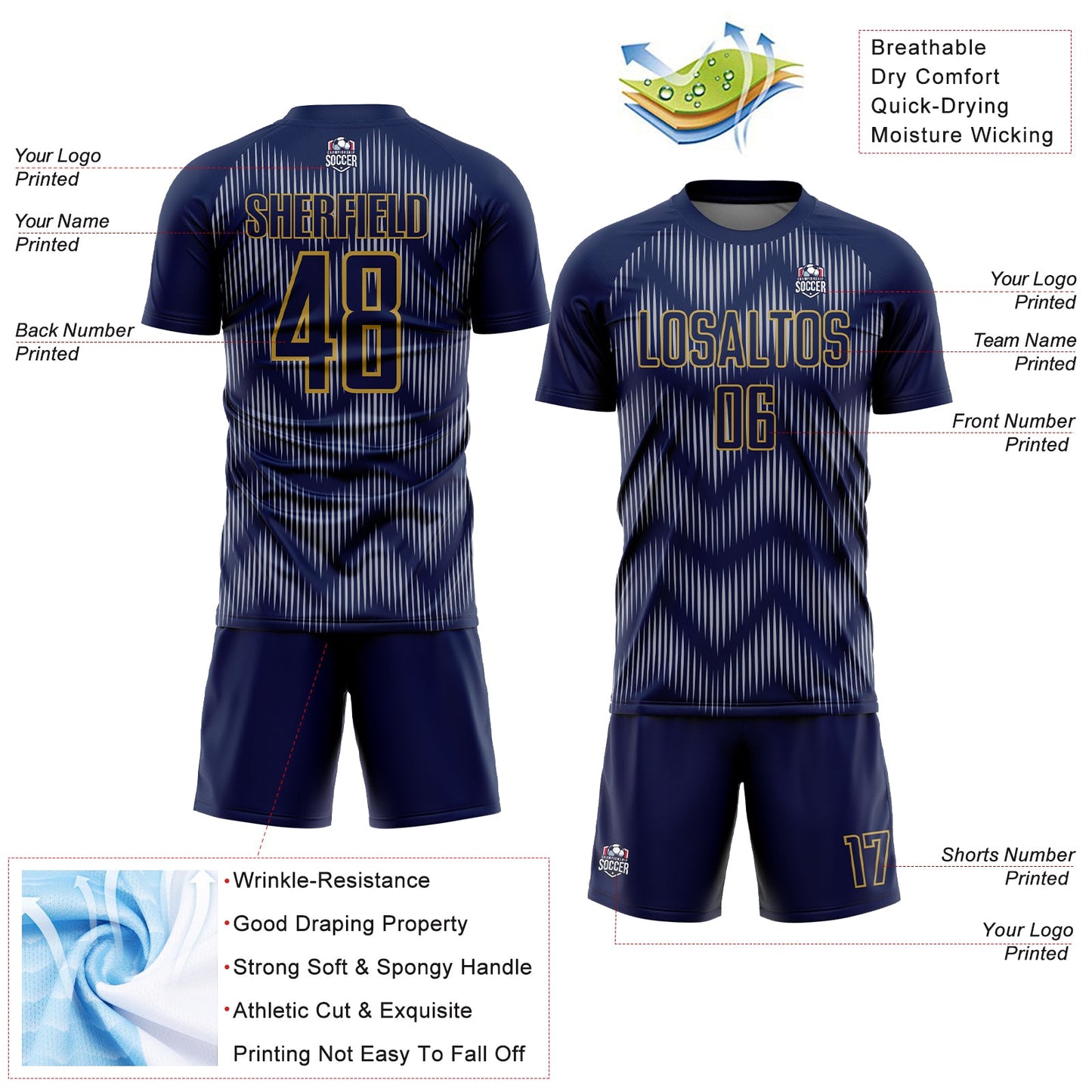 Custom Navy Gray-Old Gold Line Sublimation Soccer Uniform Jersey Limited