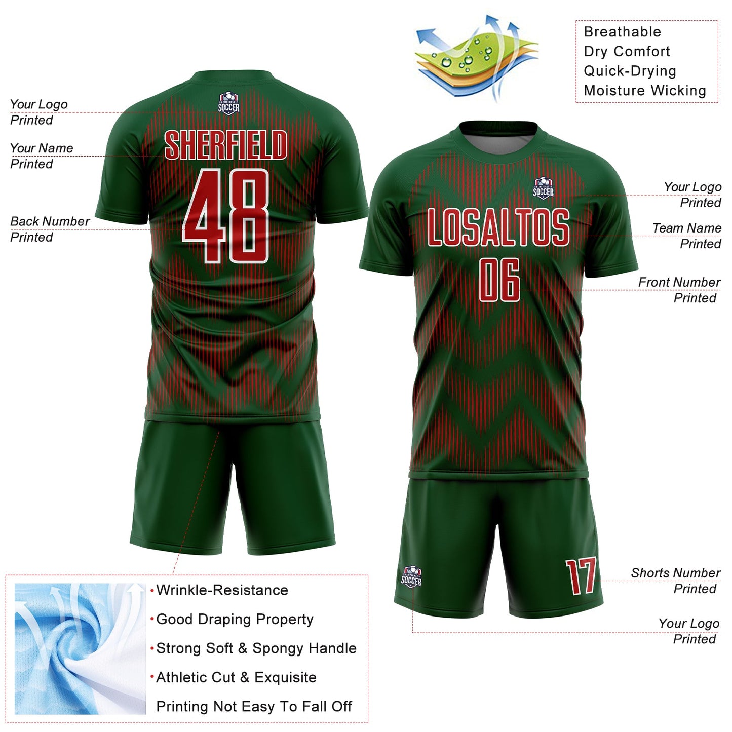 Custom Green Red-White Line Sublimation Soccer Uniform Jersey Limited