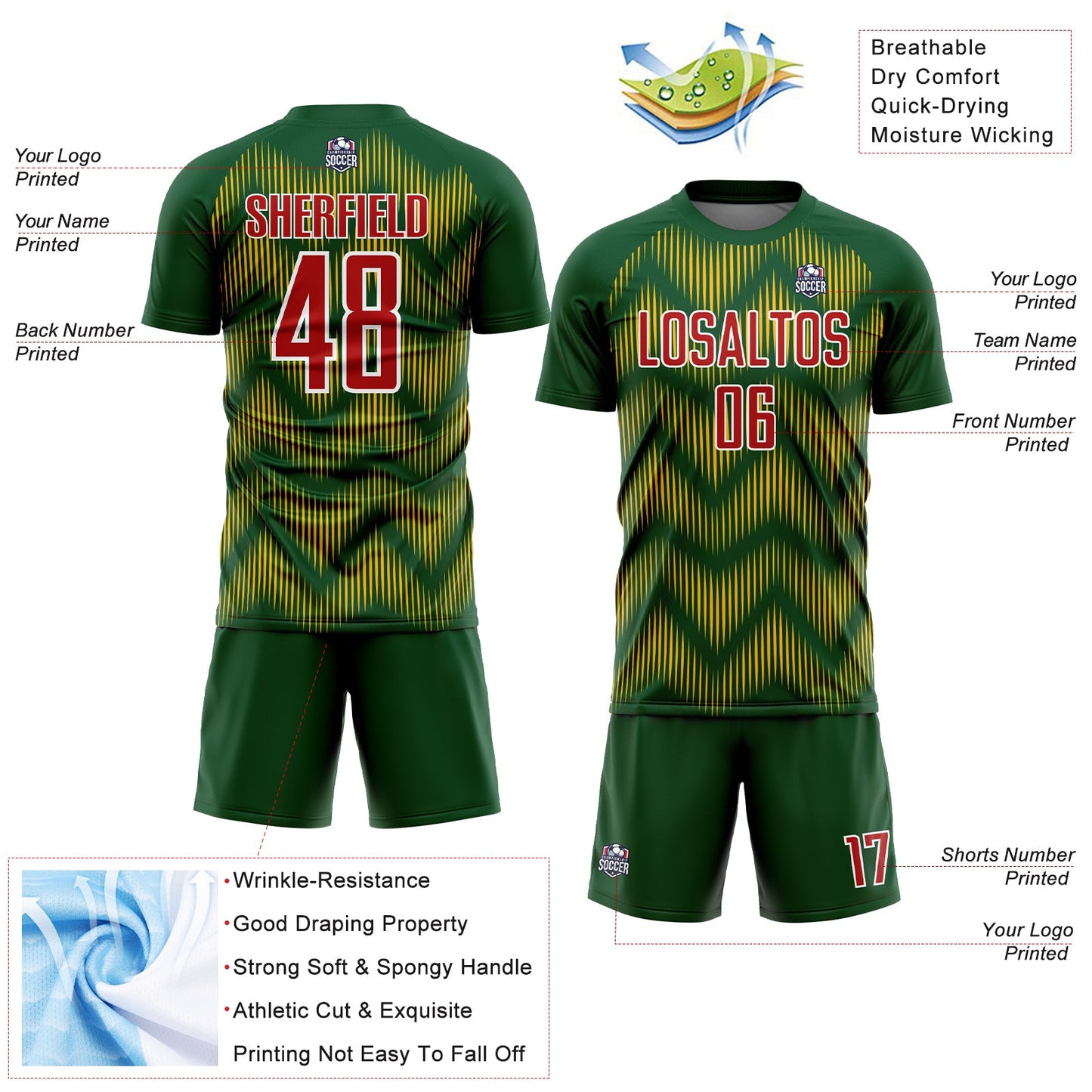 Custom Green Red-Gold Line Sublimation Soccer Uniform Jersey Limited