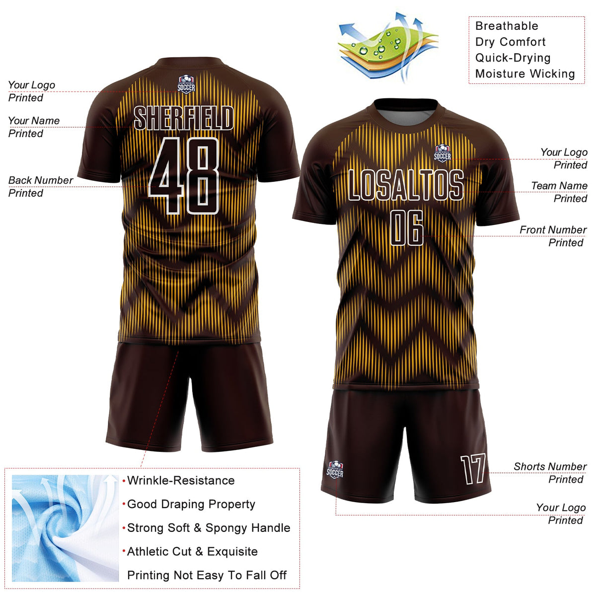 Custom Brown Gold-White Line Sublimation Soccer Uniform Jersey Limited