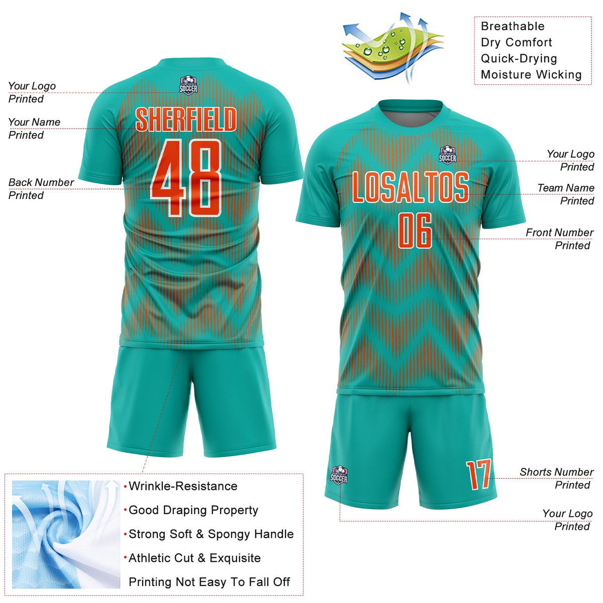 Custom Aqua Orange-White Line Sublimation Soccer Uniform Jersey Limited