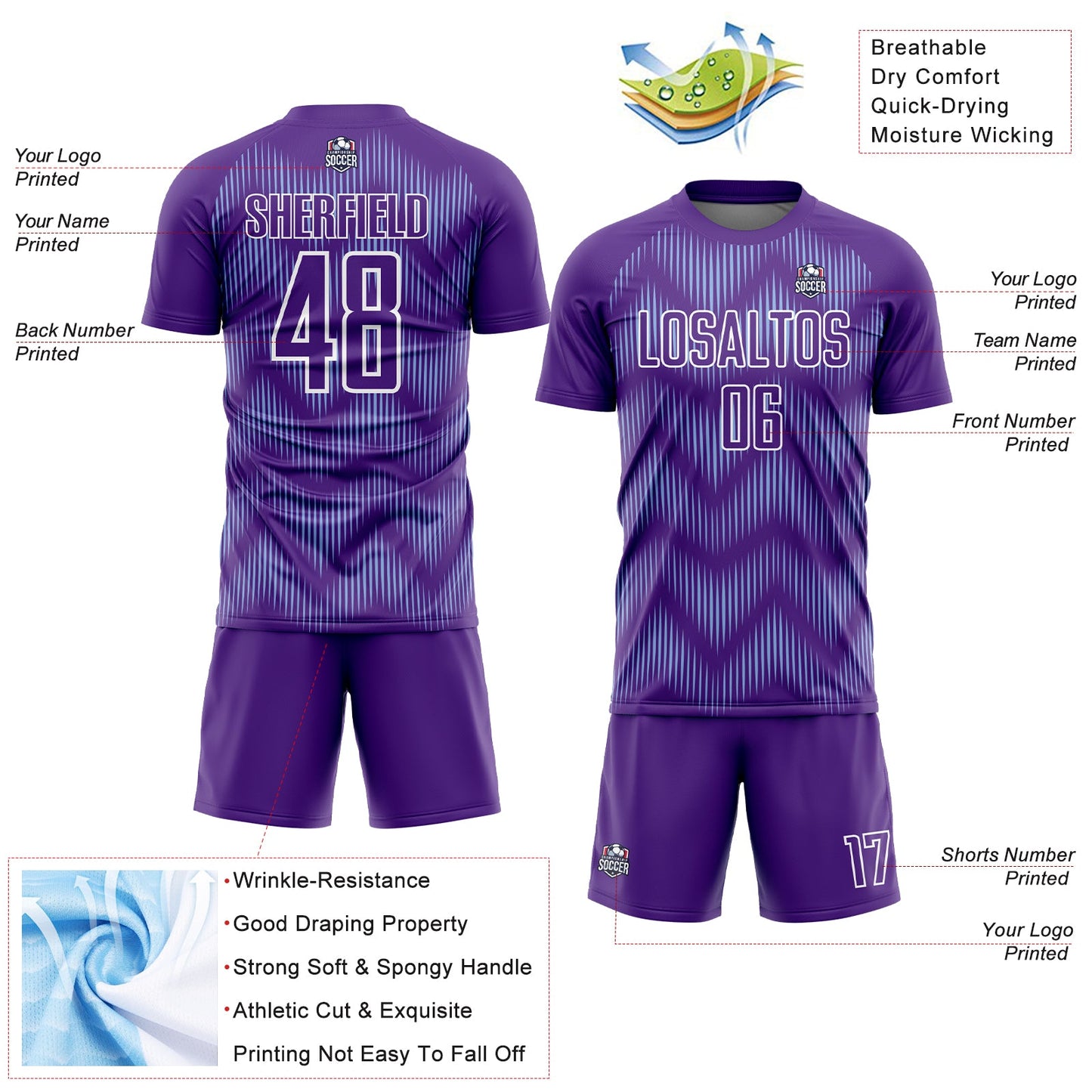 Custom Purple Light Blue-White Line Sublimation Soccer Uniform Jersey Limited